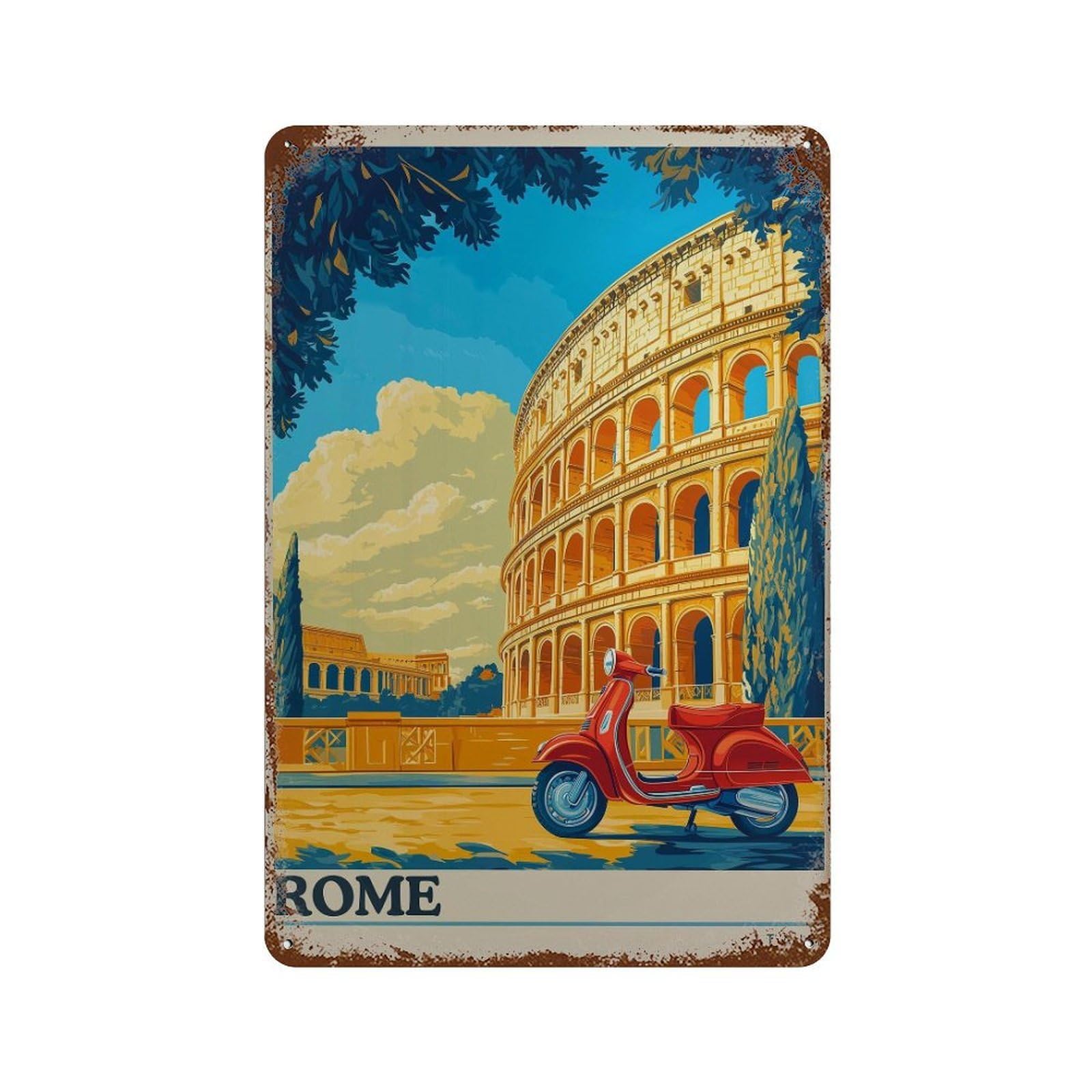 xiaoxiaoshen Rome Travel Colosseum & Scooter Italy Wall Decor Art Metal Tin Poster Modern Home Decor Art Home Bar Shop Decorations Vintage Sign 30x20cm