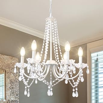 LynPon White Crystal Chandeliers for Bedroom, 6 Lights White Chandelier Light Fixture Girls Chandeliers for Dining Room Elegant Modern Contemporary Candle Ceiling Light for Living Room Entryway Foyer