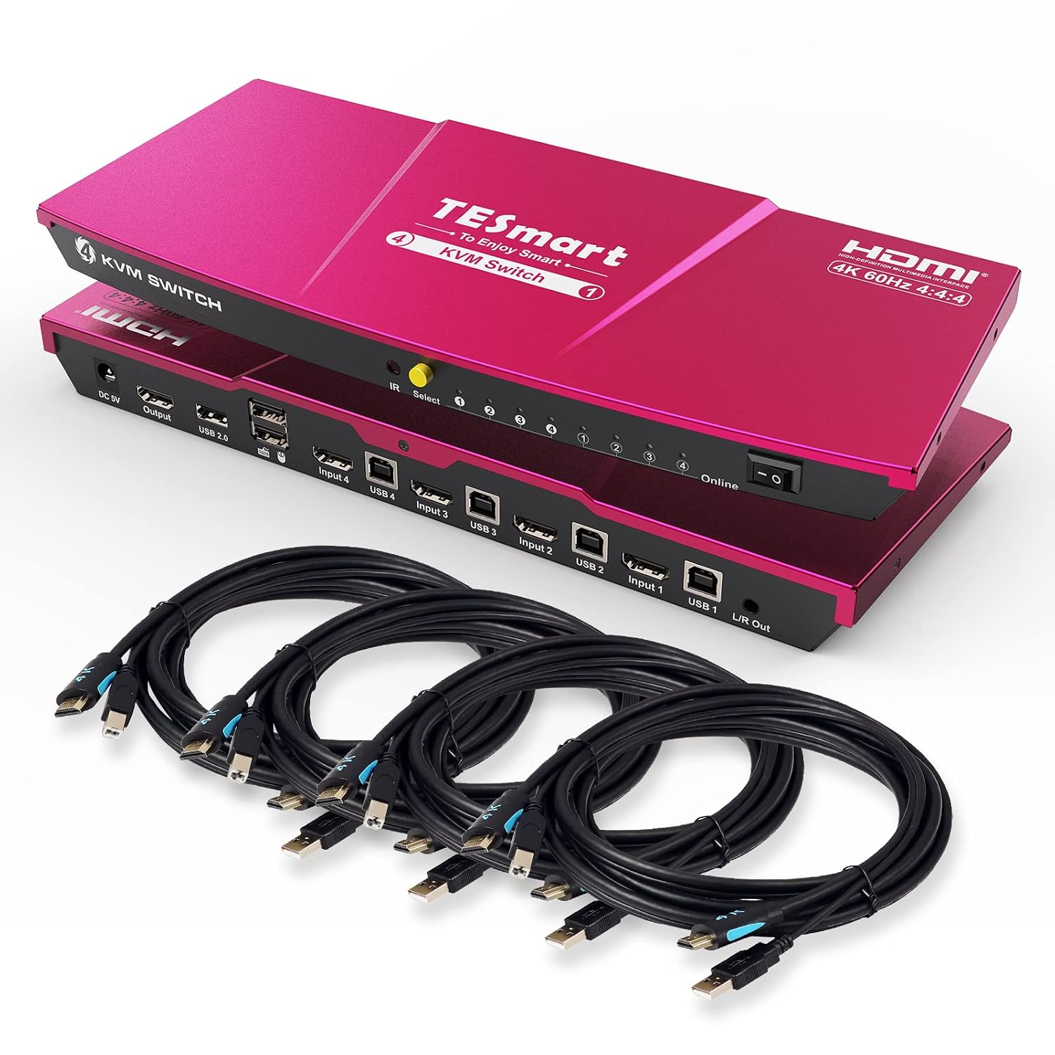 TESmart HDMI KVM Switch 4 Port 4K@60Hz, KVM Switch 1 Monitor 4 Computers EDID Emulators, USB 2.0, L/R Audio, Hotkey Switch, Button Switch with Remote Controller and All Cables