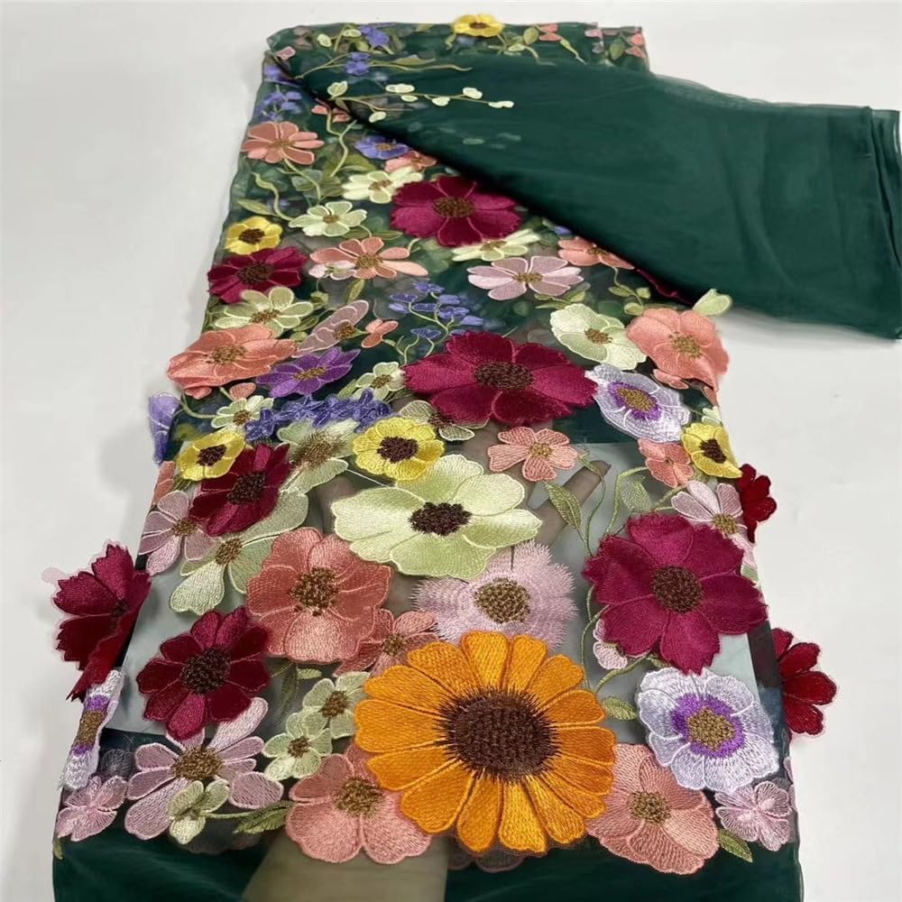 Primst 51.2" Width Flower Colorful Embroidered Lace Trim 3D Appliqué Embroidery Lace Fabric for DIY Handmade Clothing Evening Dress Home Decoration (Green)