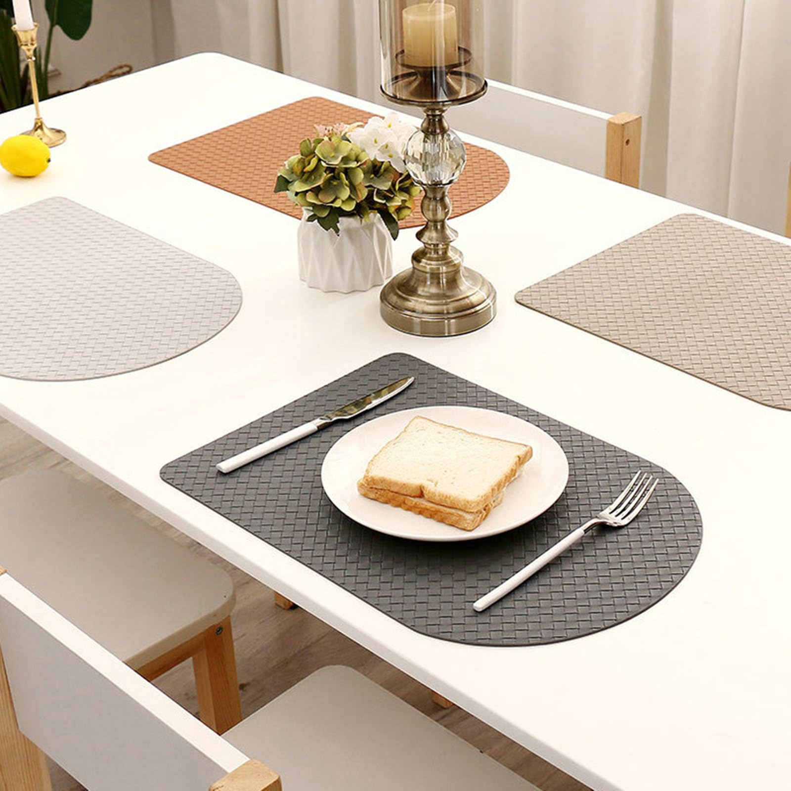 Juego de 8 manteles individuales de mesa, mantel lavable de piel con forma de pan, textura tejida, estilo europeo, antideslizante, resistente al calor, para cocina, gris oscuro, 30 x 43 cm