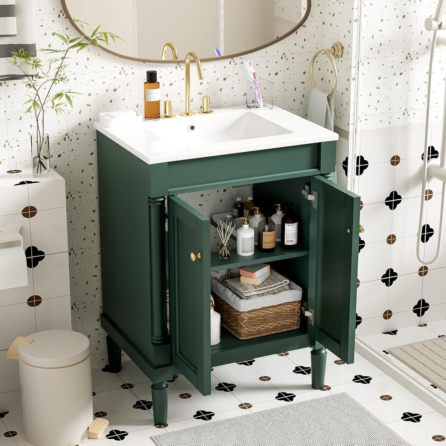 Virubi 24 in Small Bathroom Vanity with Sink, 2 Doors and Adjustable Shelf, Wood Modern Single Bathroom Sink Cabinet Freestanding (Green)