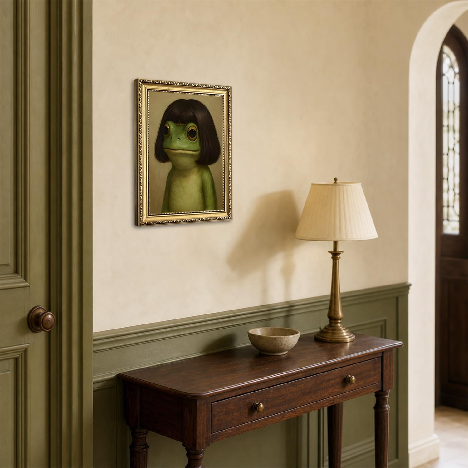 Gold Framed Funny Frog Wall Art, Whimsical Green Frog Wall Decor Painting Cute Animal Poster Canvas Prints Artwork for Living Room Bedroom Bathroom 12x16 inch image 3