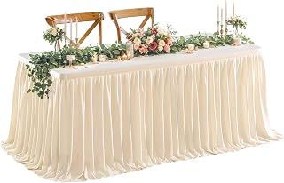 Wish Care 6ft Long Beige Table Skirt for Rectangle Tables Decorations - Wrinkle Resistant Polyester Pleated Table Skirting Desk Skirts for Office Baby Shower Birthday Party Wedding Banquet