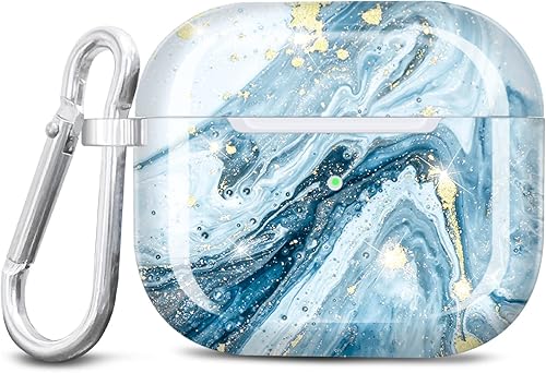 JIAXIUFEN Funda diseñada para AirPods 3, funda de mármol con purpurina brillante, accesorios de piel de TPU para mujeres y niñas con llavero