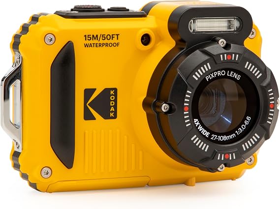 KODAK PIXPRO WPZ2 16MP Waterproof Digital Camera, 15m, 4X Zoom, Yellow | 1080p Full HD Video, 27mm Wide Angle Lens, 2.7 Inch LCD, Shockproof 2m, Wi-Fi, Snorkeling and Beach Camera