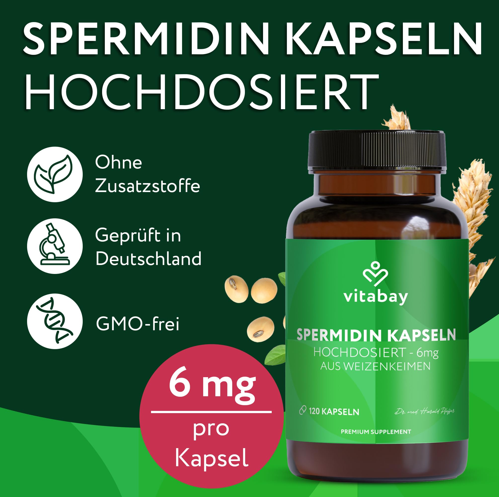 Vitabay Spermidin 6 mg Hochdosiert – 120 vegane Kapseln mit fermentiertem Weizenkeimextrakt – Natürlich hergestellt - Laborgeprüft in Deutschland & ohne Zusatzstoffe – Vorrat für 4 Monate