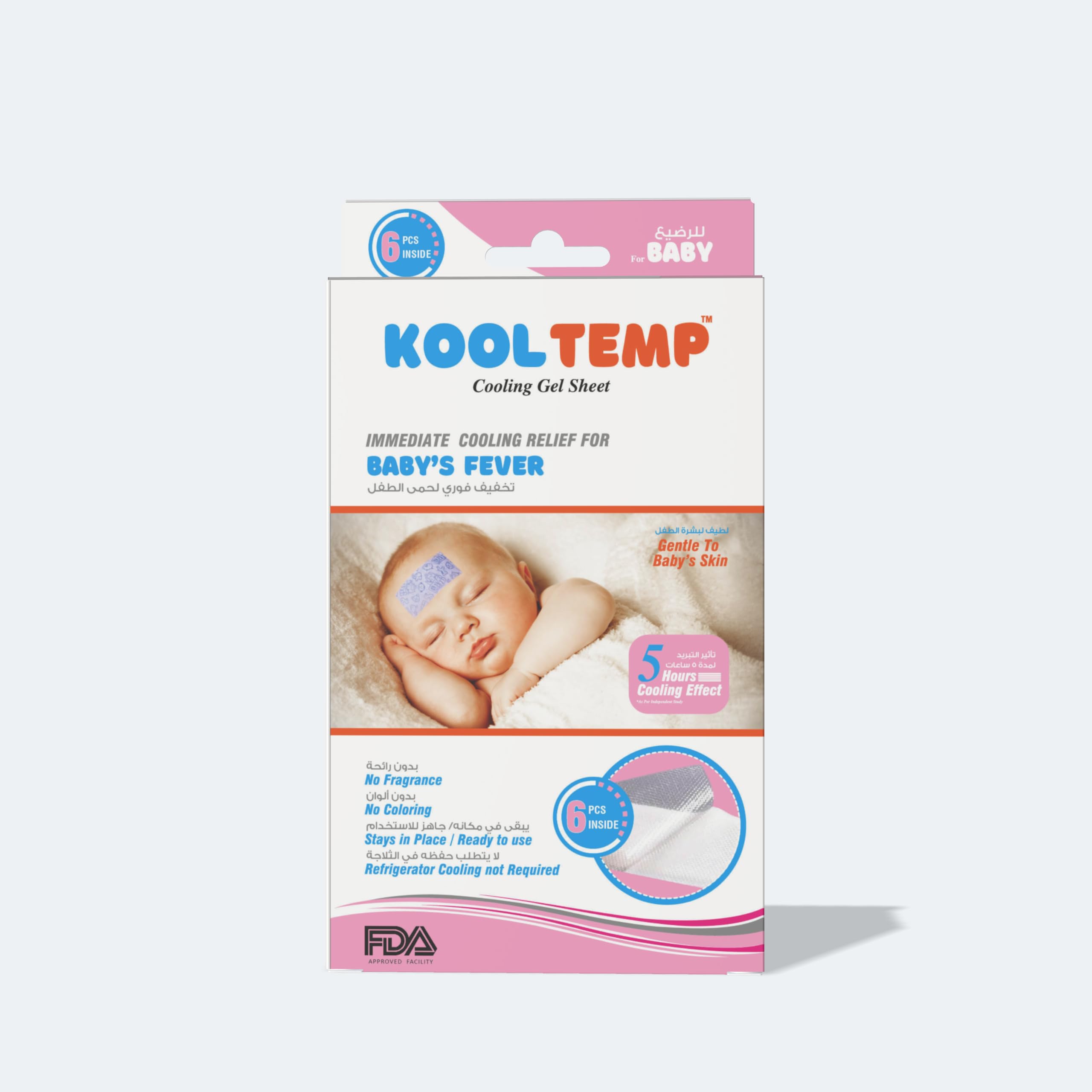Kool Temp Cooling Gel Sheet for Baby's Fever - Gentle for Baby's Skin - No Fragrance & Coloring - Ready to Use - 5 Hours Cooling Effect - 6 Sheets