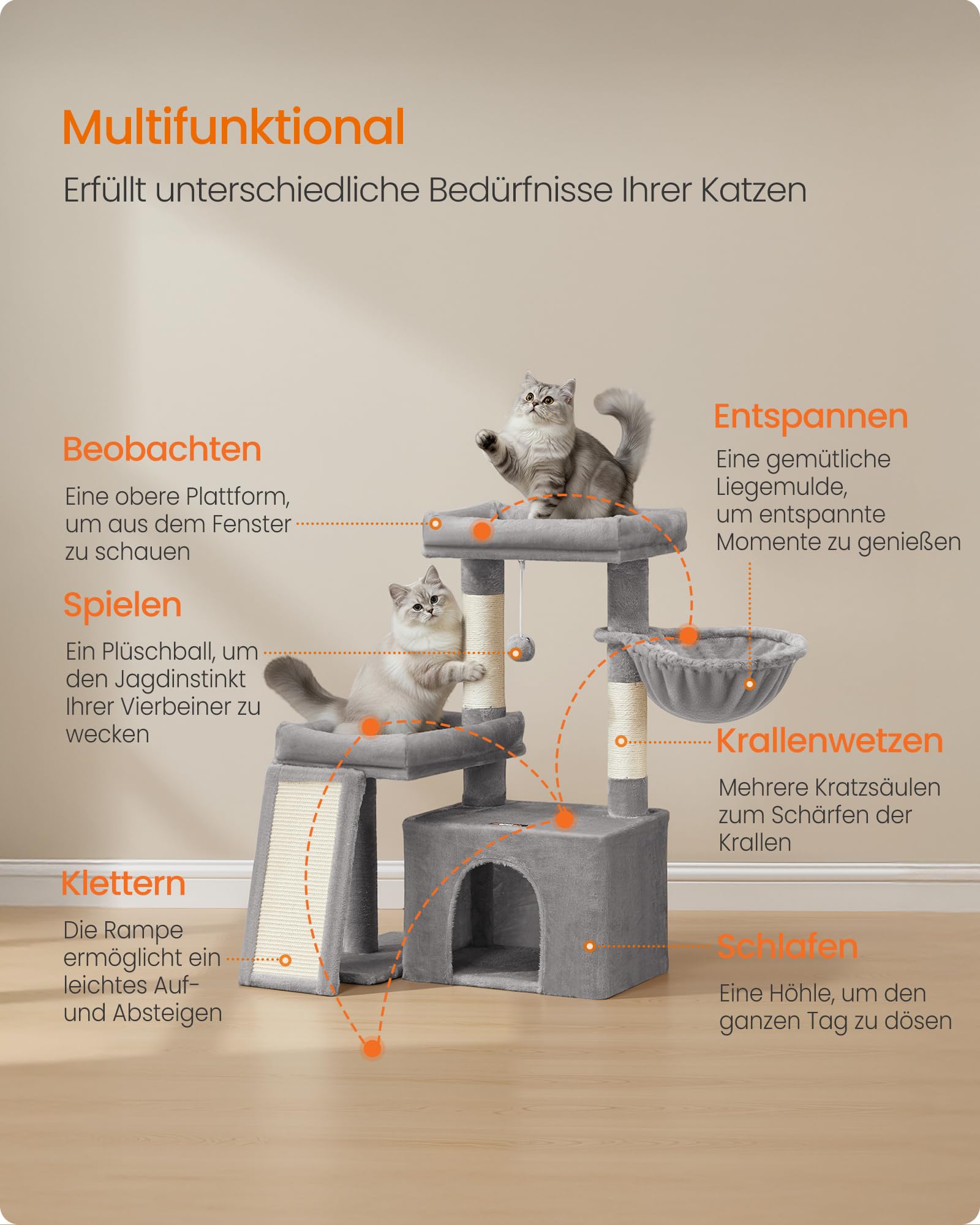 Feandrea Kratzbaum, Katzenbaum mit Kratzsäulen, Rampe, Katzenkratzbaum, 2 große Plattformen, Höhle und Korb, 85,8 cm hoch, Taubengrau PCT013GD01