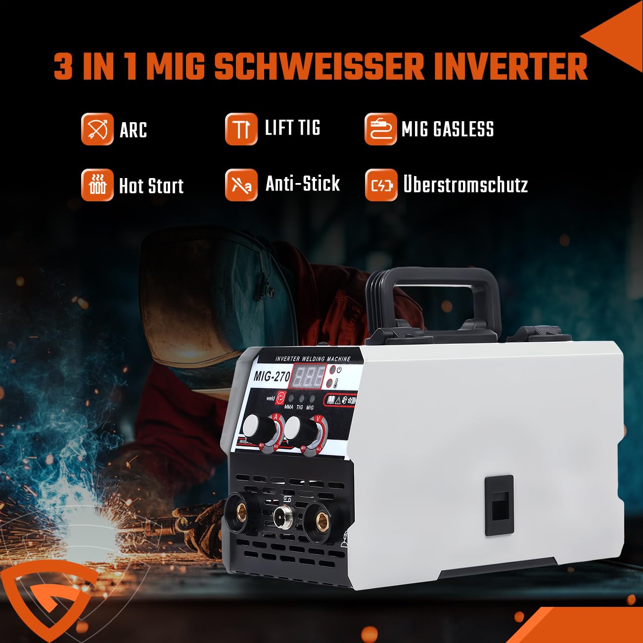 Spawarka MIG/MMA/TIG 3 w 1, 220 V, 270 A, IGBT inwerterowa spawarka spawalnicza bez gazu ze wskaźnikiem LED, do zastosowania pręt spawalniczy 1,6-3,2 mm, prędkość drutu 2,2-12 m/min, IP21S przenośna