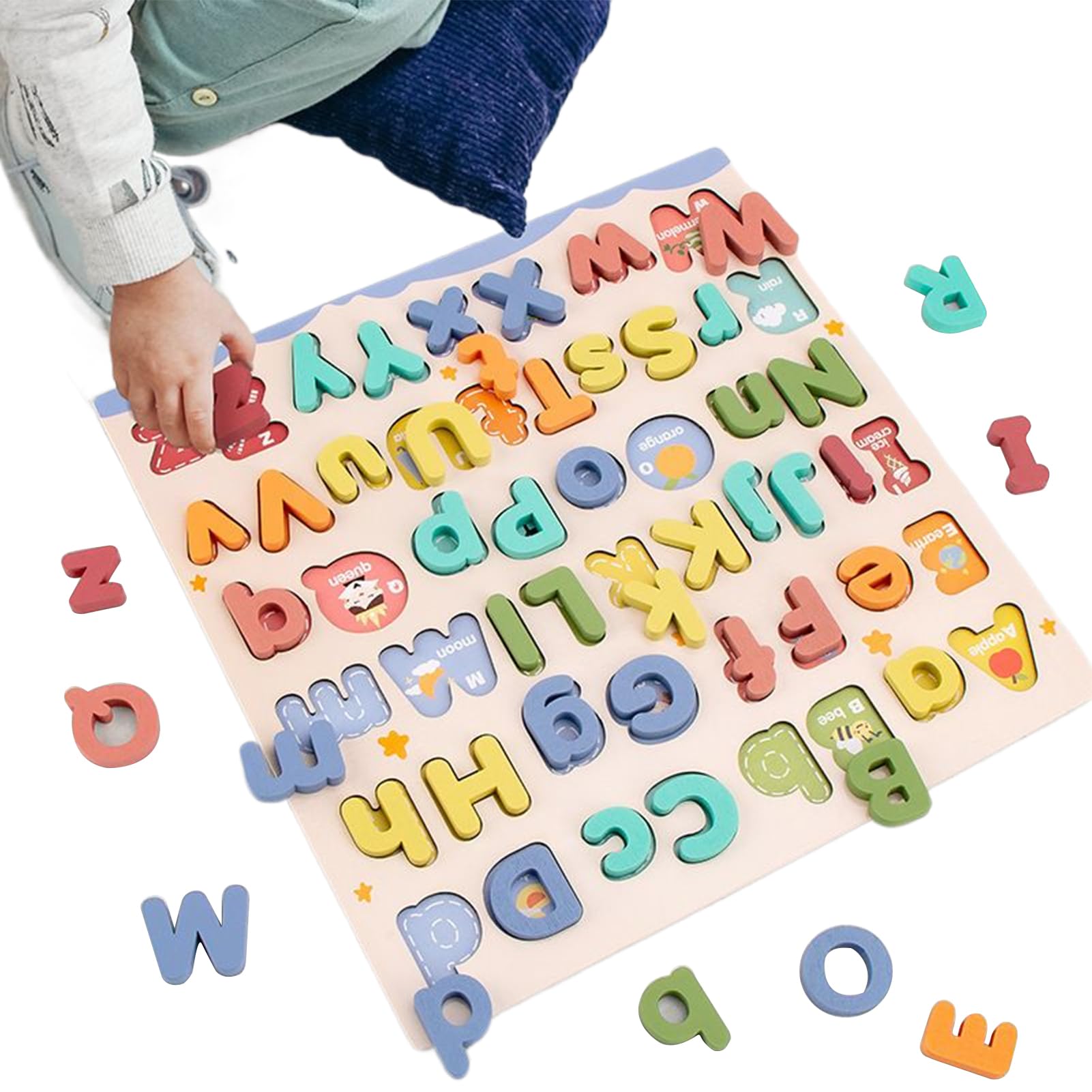 Puzzle Alphabet en Bois Montessori Jouet Éducatif Préscolaire Tableau Lettres Majuscules et Minuscules