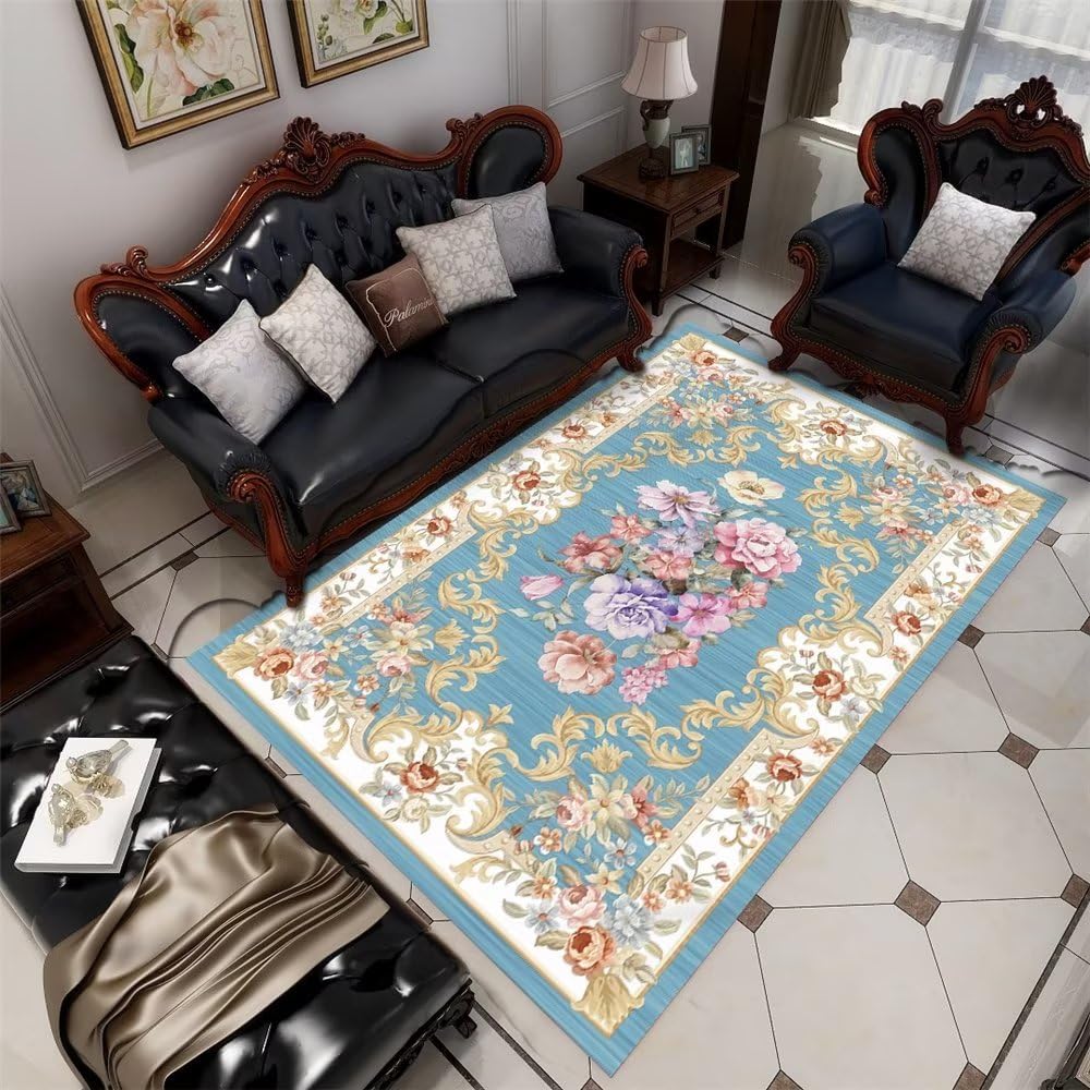 Tapis bleu géométrique 120x160 lavable et antidérapant pour salon