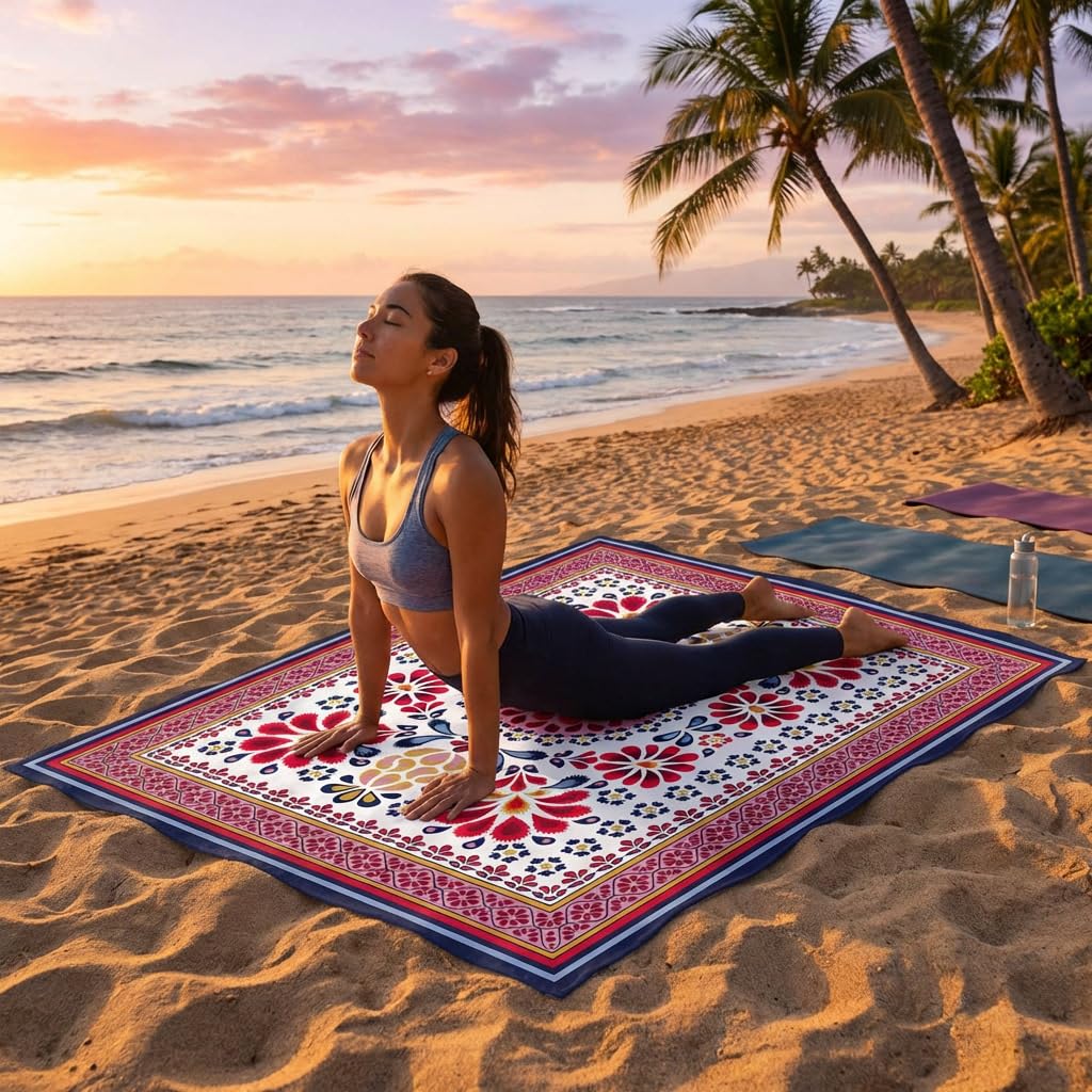 EASY HOME, Arazzo Multiuso, Telo Mare Grande Per Spiaggia, Antisabbia, 210x230 cm, Ideale per Picnic, Yoga o Campeggio, Con Pratici Ganci agli Angoli Per Fissaggio, In Cotone (Fiori 1)