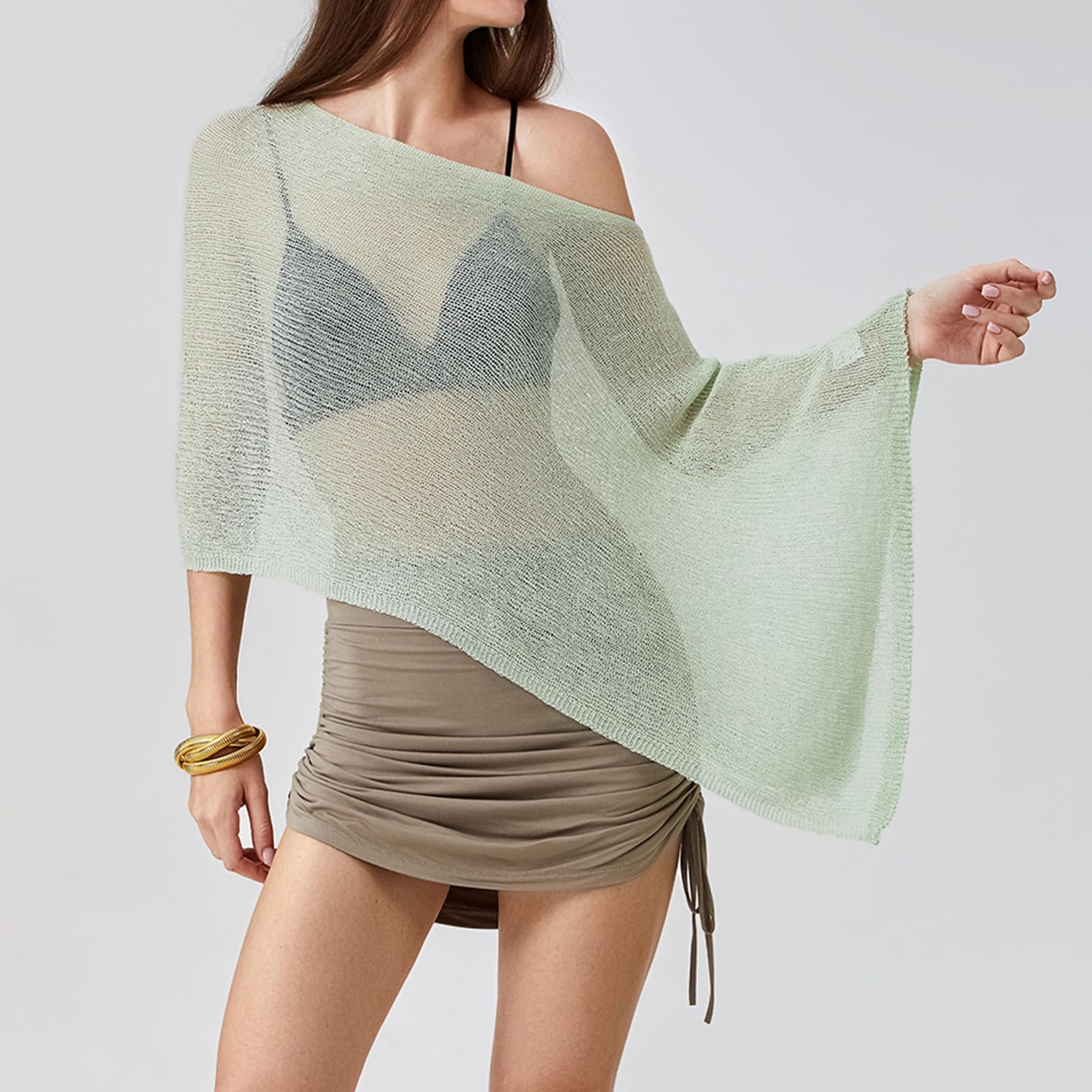 Poncho da donna velato lavorato a maglia, leggero, trasparente, scialle, coprispalle estivo da spiaggia