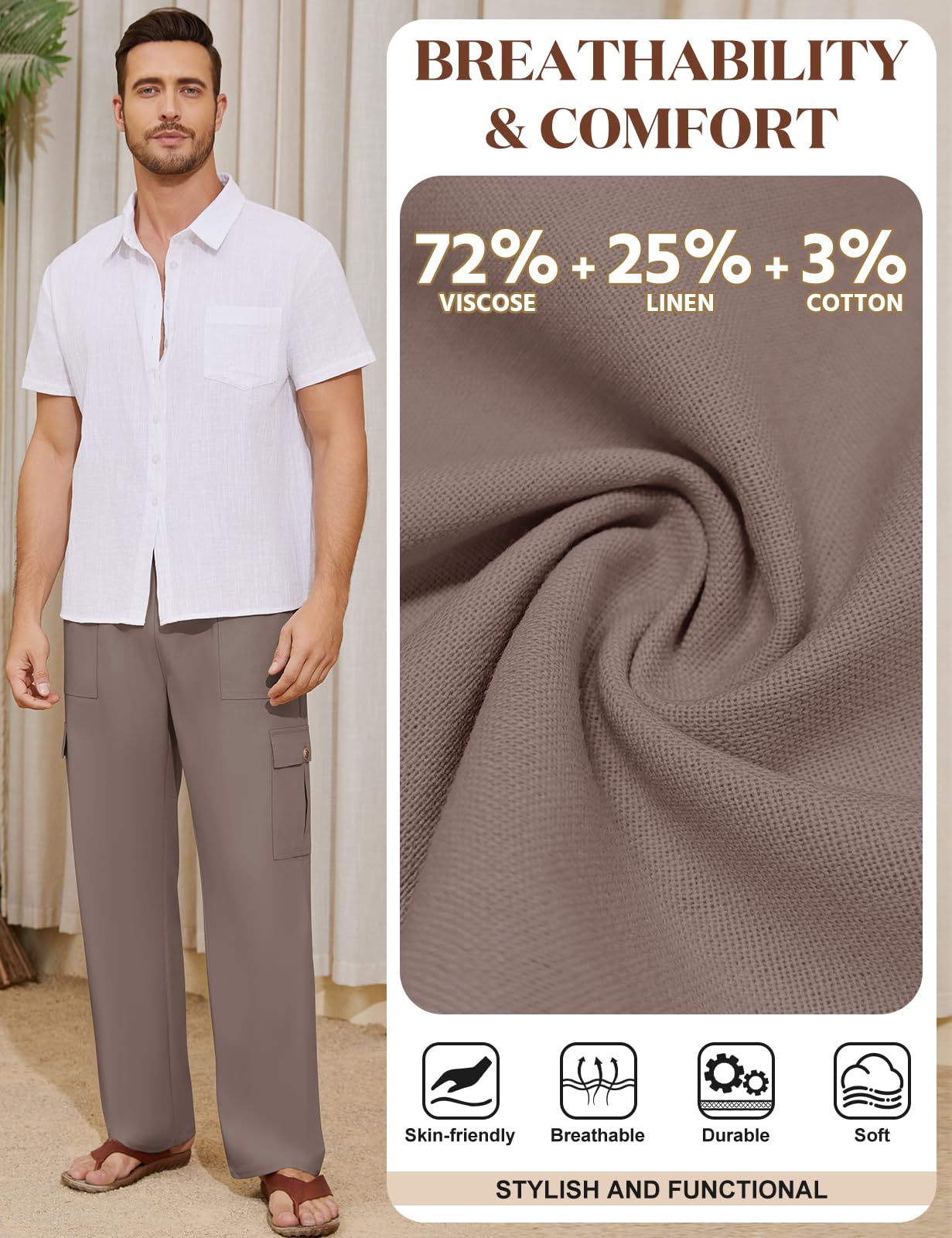 Voqeen Pantaloni Lino Uomo Estivi Pantalaccio Uomo Estivo Casual Pantaloni Elasticizzati in Vita con Tasche Cargo Pantalone di Lino Leggeri da Spiaggia Larghi