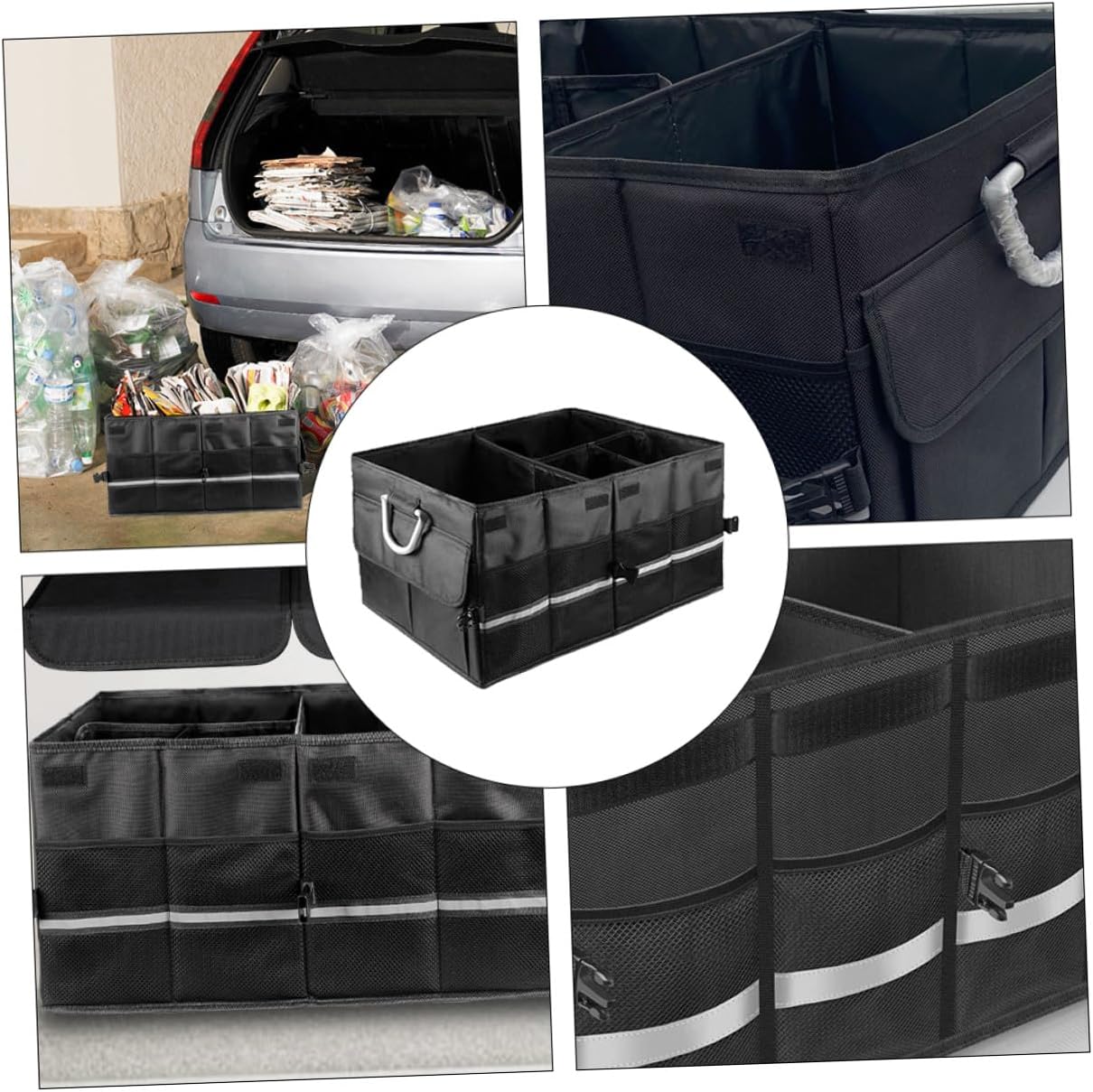 PRETYZOOM Car Foldable Trunk Organizer Black, Collapsible Car Storage Box with Multiple Compartments for Suv and Sedan, Automotive Cargo Organizer for Vehicle Interior Storage
