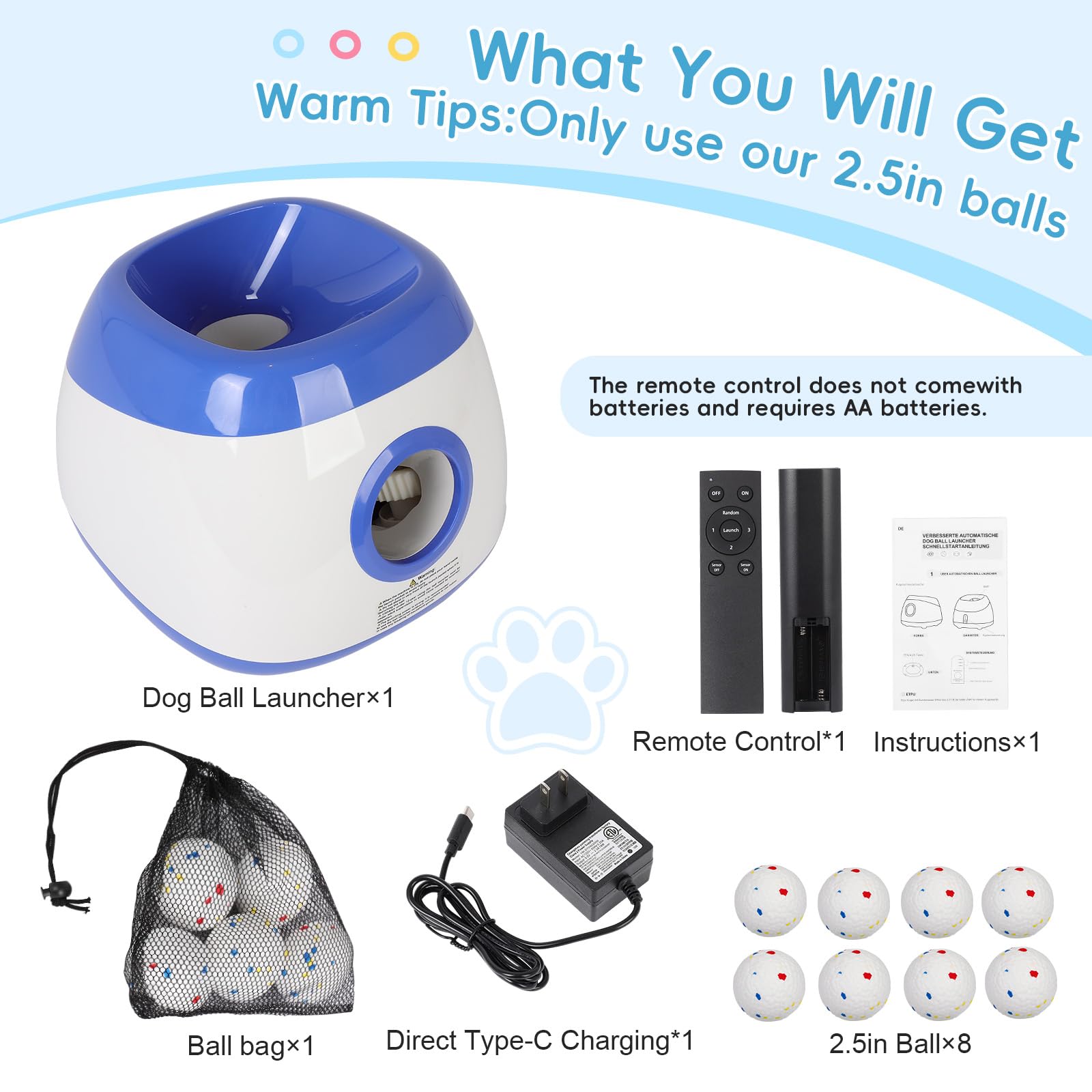 FAHKNS Automatic Ball Launcher for Large Dogs: 40/60/80FT Distance Dog Ball Thrower with Remote Control, 3 Adjustable Distances & Random Mode, 8 Pack 2.5" E-TPU Balls Included - image 4