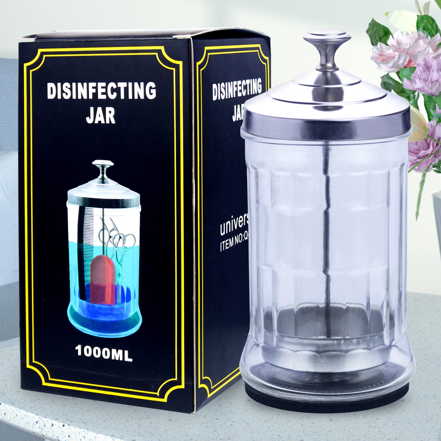 Słoik do dezynfekcji, 940 ml, słoik do dezynfekcji manicure, mały szklany słoik do dezynfekcji artykułów fryzjerskich, słoik do dezynfekcji manicure, ze zdejmowanym koszem na narzędzia do