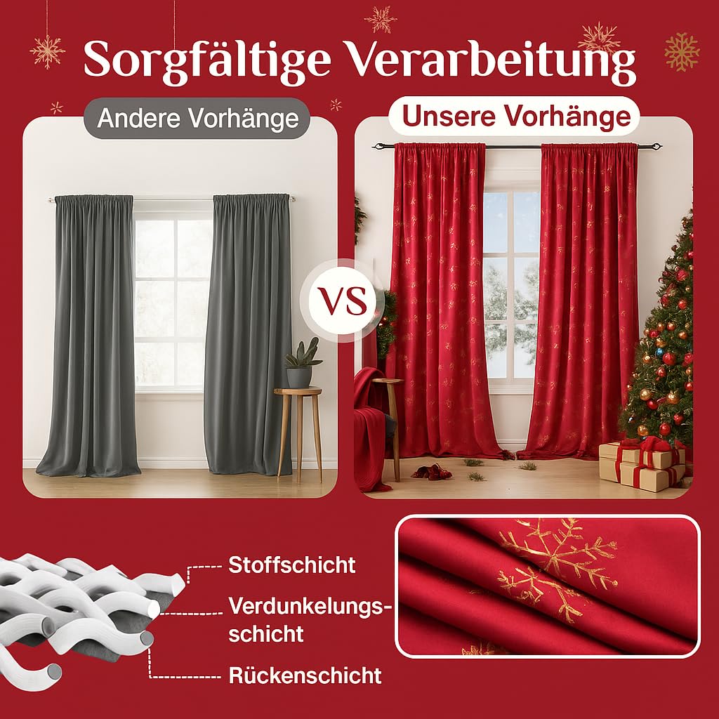 Weihnachtsvorhänge Samt mit Schneeflocken Goldfolie Muster, 2er Set H244xB132cm Schöne Samtvorhänge Kräuselband, Blickdicht Gardinen Thermovorhang für Wohnzimmer Schlafzimmer (Weihnachtsrot)