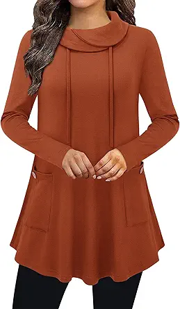 Bulotus Fall Sweaters for Women 2025 Cowl Neck Asymmetrical Long Tunics for Leggings Vacation Travel Tops with Pockets