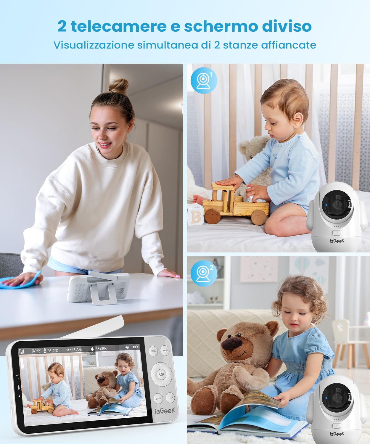 ieGeek Baby Monitor 2.5K/4MP, 5.5" Wi-Fi, Luce Notturna, Tracciamento | PTZ 360°/100°, pianto/movimento, rilevamento AI, app mobile