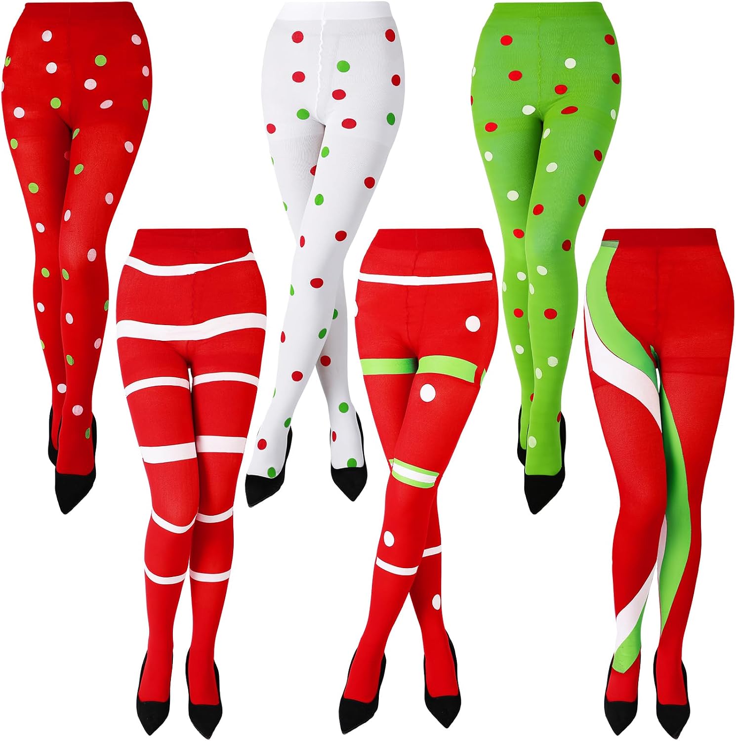 Newcotte 6 Pcs Women Christmas Ugly Tight Full Length Red White Green Tight Costume Leggings for Xmas Party