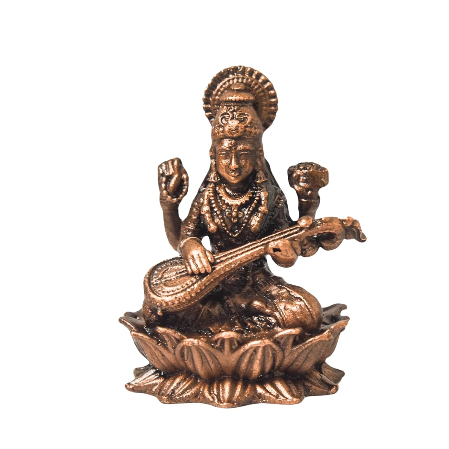Diwali Sale Copper Idols India - By Bhimonee Decor – 1.7-Inch Handmade Copper Saraswati Idol With Patina Antique Finish