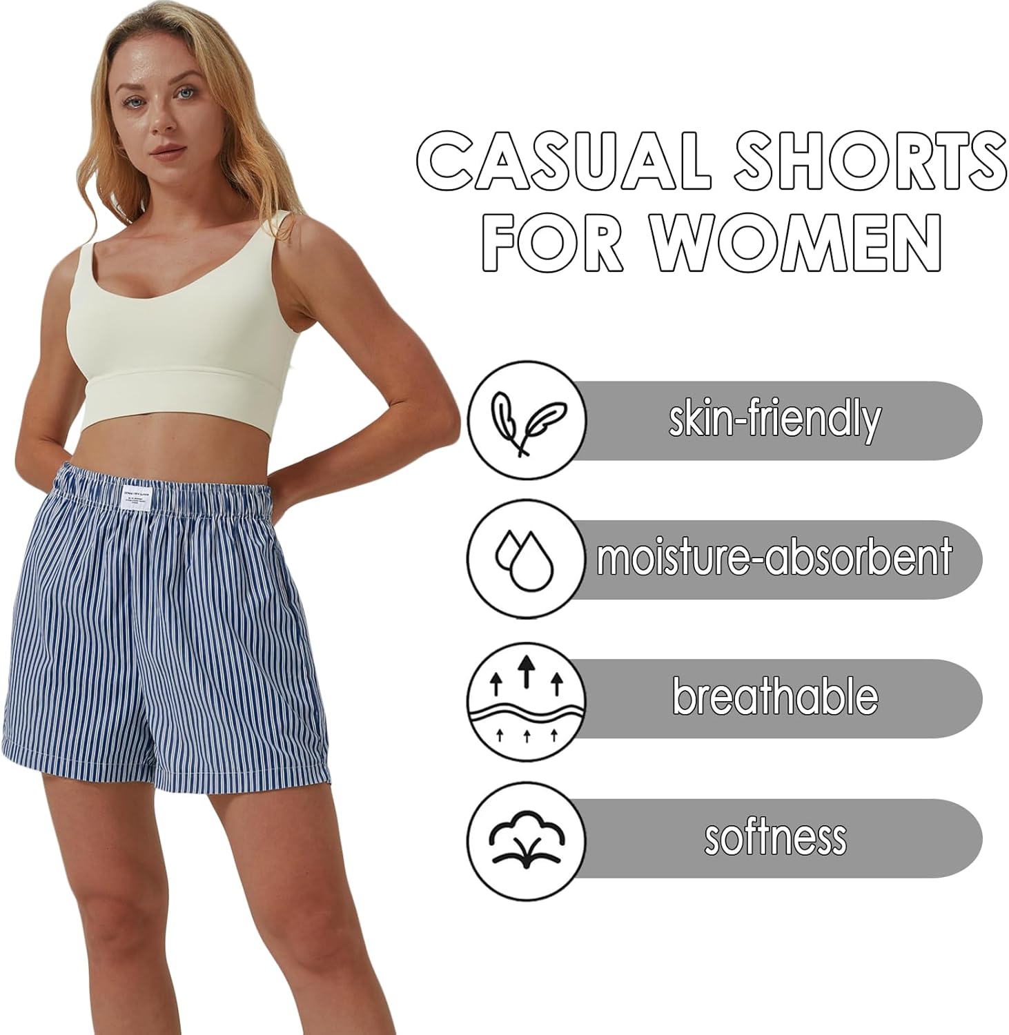 XinYangNi Women's Casual Striped Print Shorts Elastic High Waisted Straight Leg Bermuda Shorts with 2 Pockets - Image 3