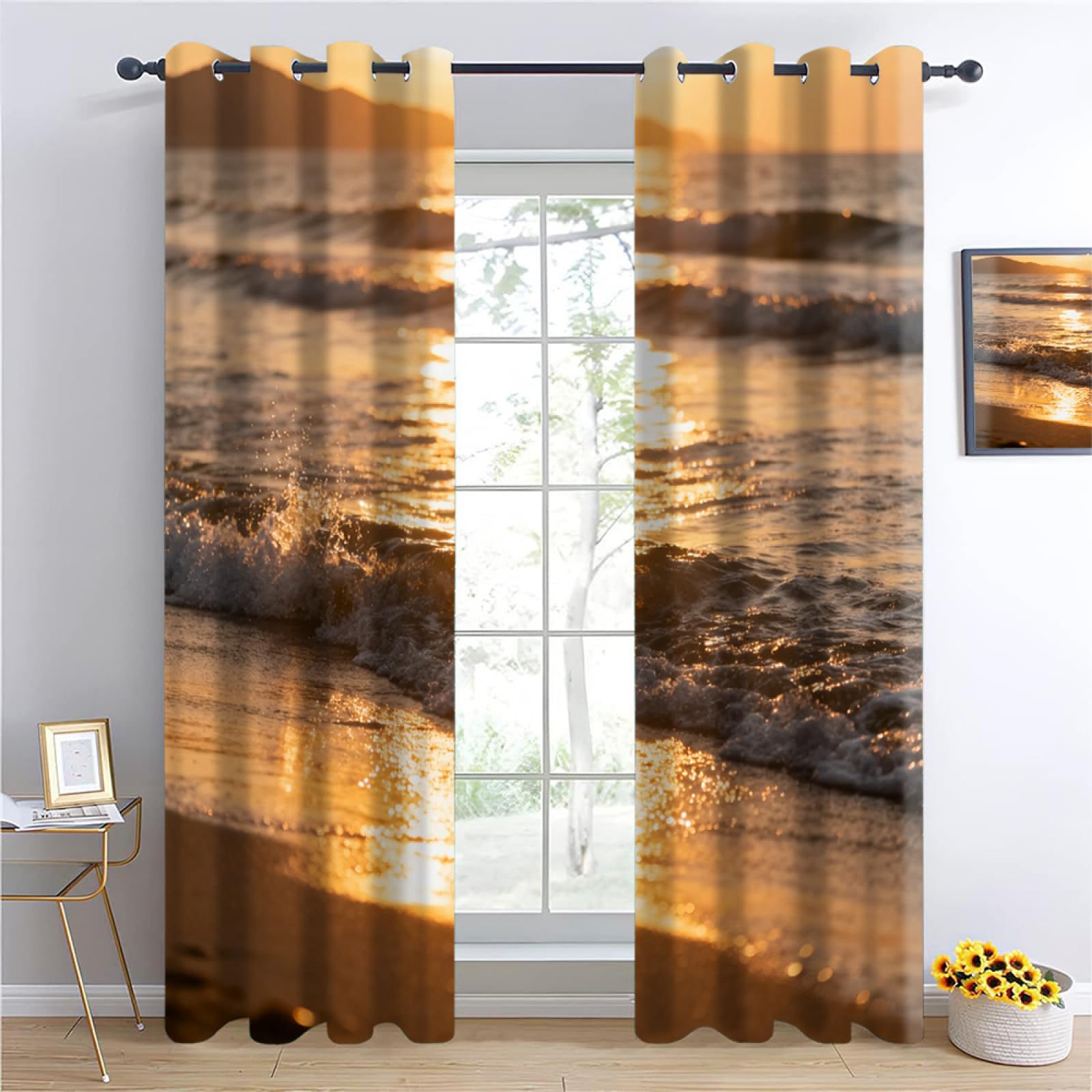 YNIOFU waves Insulated Blackout Curtains,Golden Waves Bedroom Curtains, Sunset Beach Drapes for Kids Nursery, Natural wind Living Room Printed Noise Reducing W96 x L183cm 2 Panels