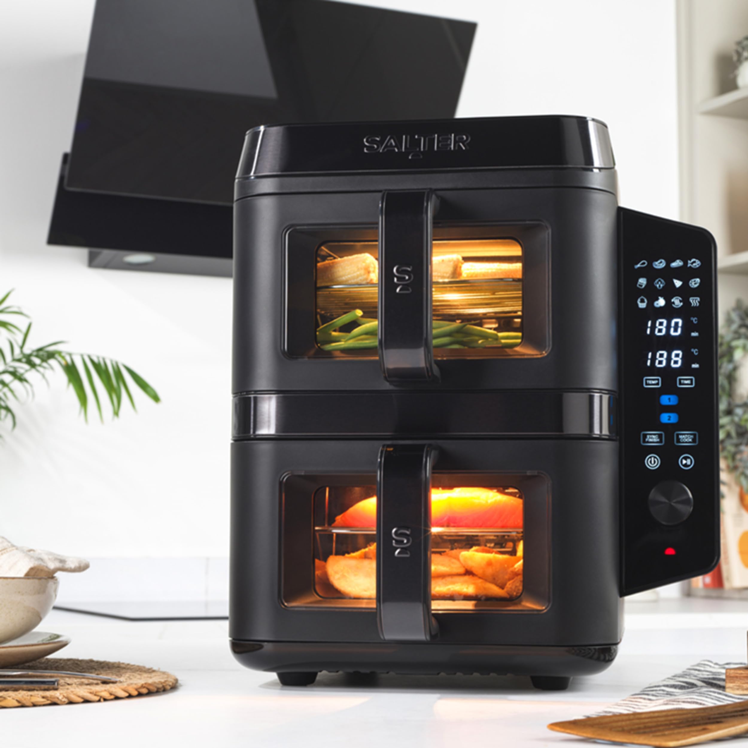 Salter Friggitrice ad aria verticale con doppio cassetto, cuoce su 4 livelli, capacità di 9L attraverso due cestelli da 4.5L, design salvaspazio, 12 funzioni di cottura con Sync & Match, senza PFAS