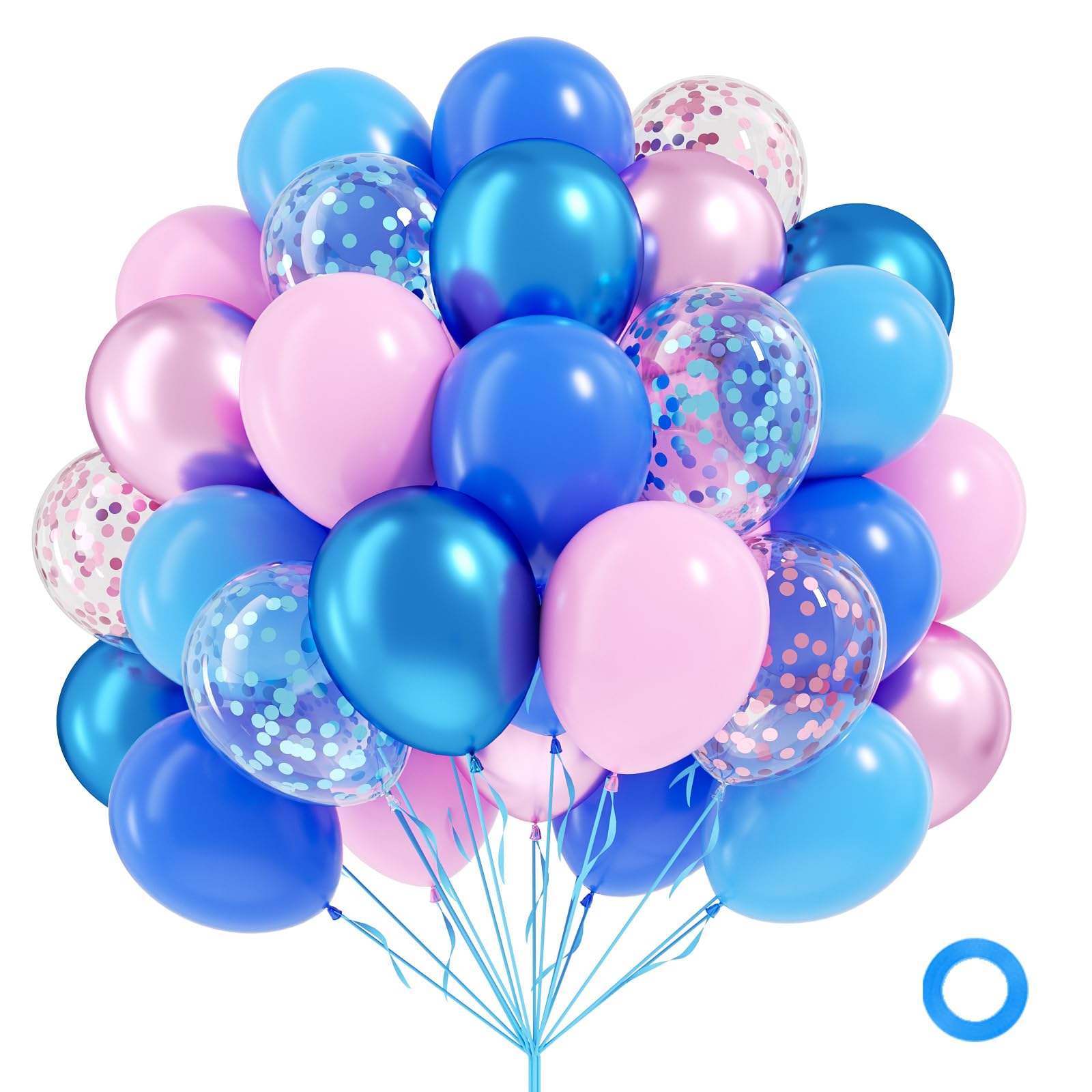 60pcs Pink and Blue Balloons 12inch with Metallic Light Pink Blue Confetti Balloons for Gender Reveal Baby Shower Birthday Party Decorations
