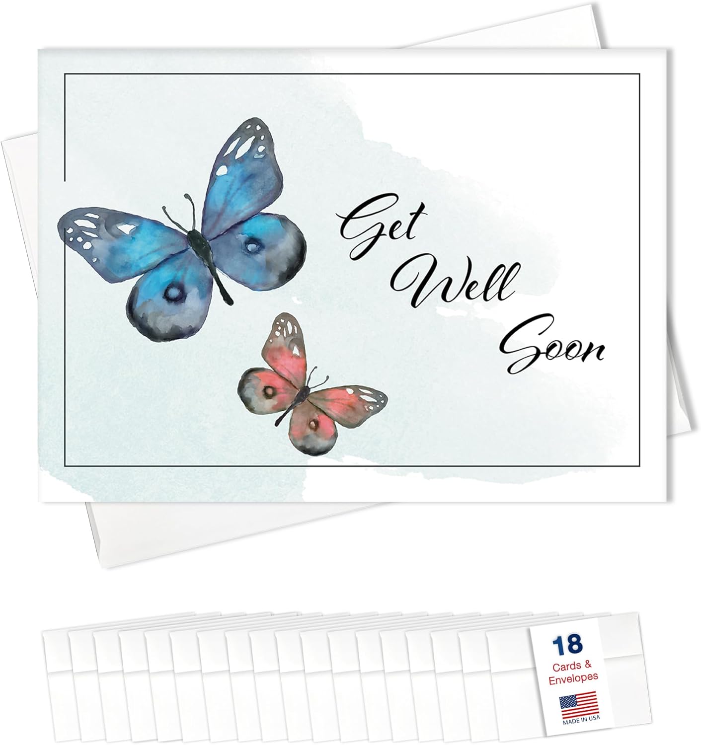 Get Well Soon Cards Bulk Greeting Card Set (Butterflies) 18 Pack With Envelopes - 5x7 Inch Feel Better Recovery Message for Team Members, Employees, Coworkers & Office (GW2401)