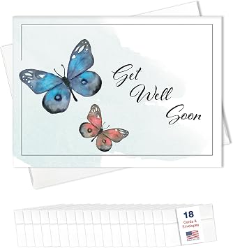 Get Well Soon Cards Bulk Greeting Card Set Butterflies 18 Pack With Envelopes - 5x7 Inch Feel Better Recovery Message for Team Members, Employees, Coworkers & Office GW2401