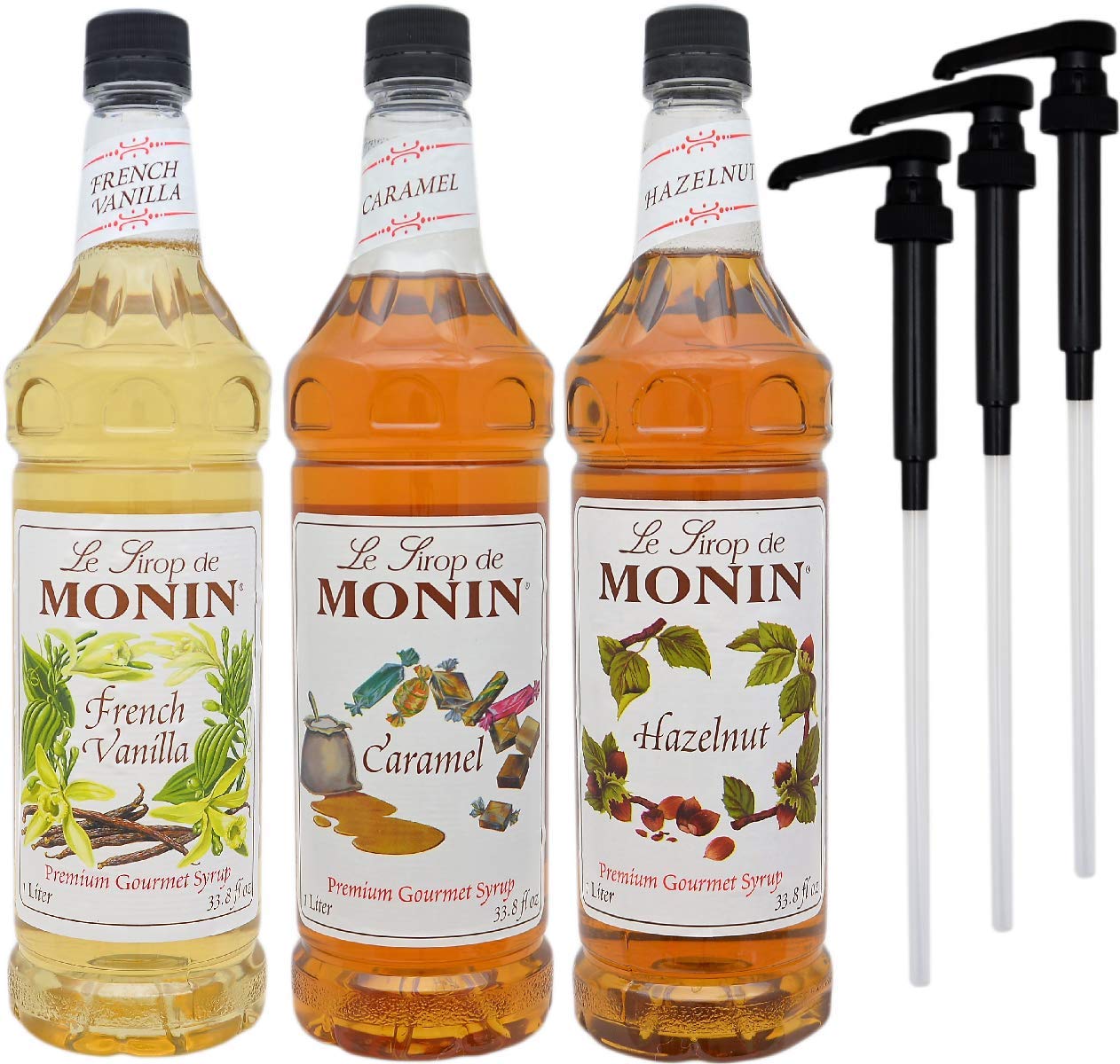 By The Cup Pump & Syrup Combo - By The Cup Pumps, Monin French Vanilla, Caramel & Hazelnut Syrup - 1 Liter Bottles with 3 Pumps