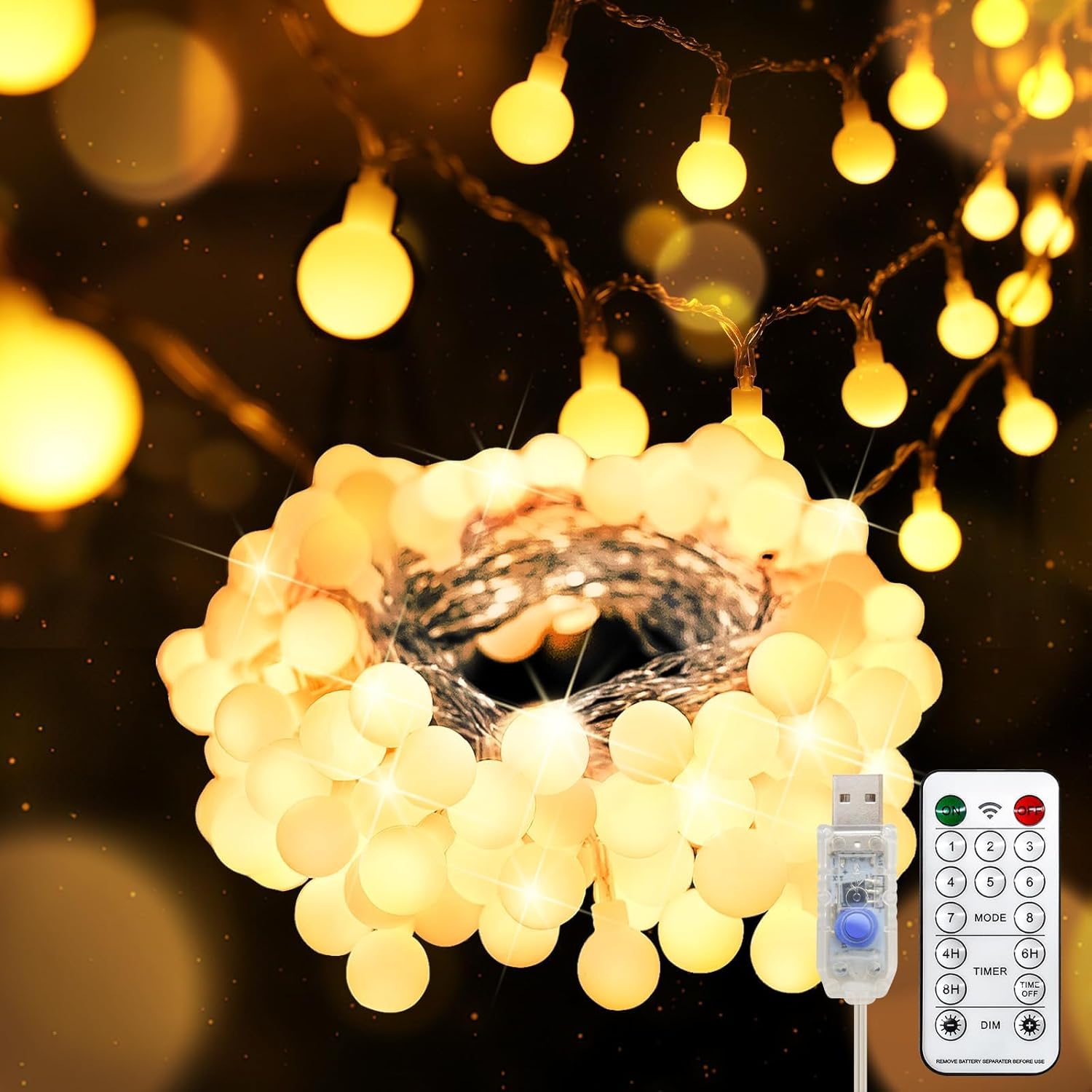 SUDDUS 100 LED Globe Fairy String Lights, USB Plug-in Warm White with Remote, 8 Modes & Timer for Bedroom, Dorm, Classroom, Party Decor