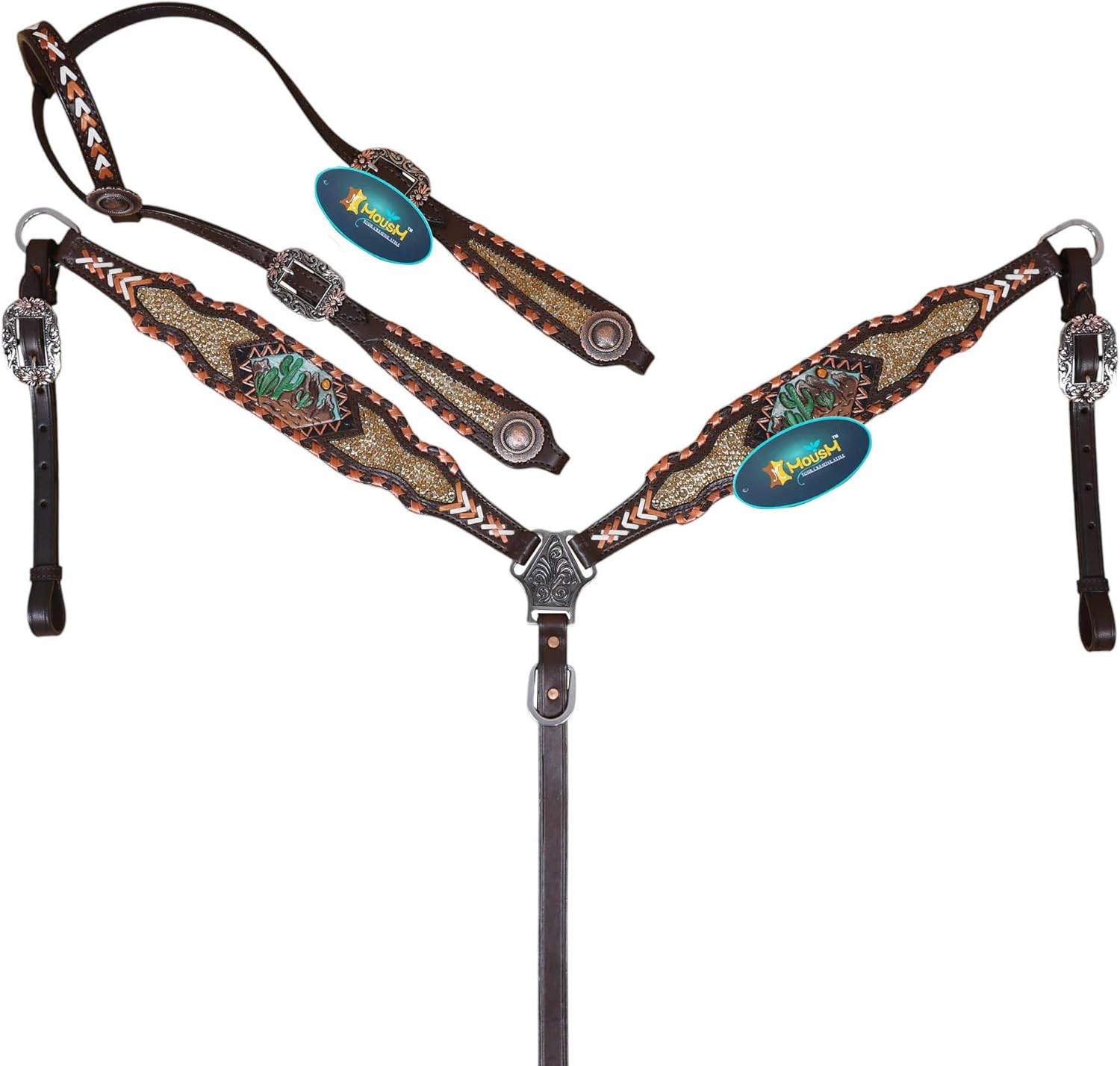 Western Leather Headstall and Breast Collar Tack Set, Mountain and Cactus Carving with Copper Rawhide Crisscross Braiding and Topaz Stones, Argentina Cow Leather