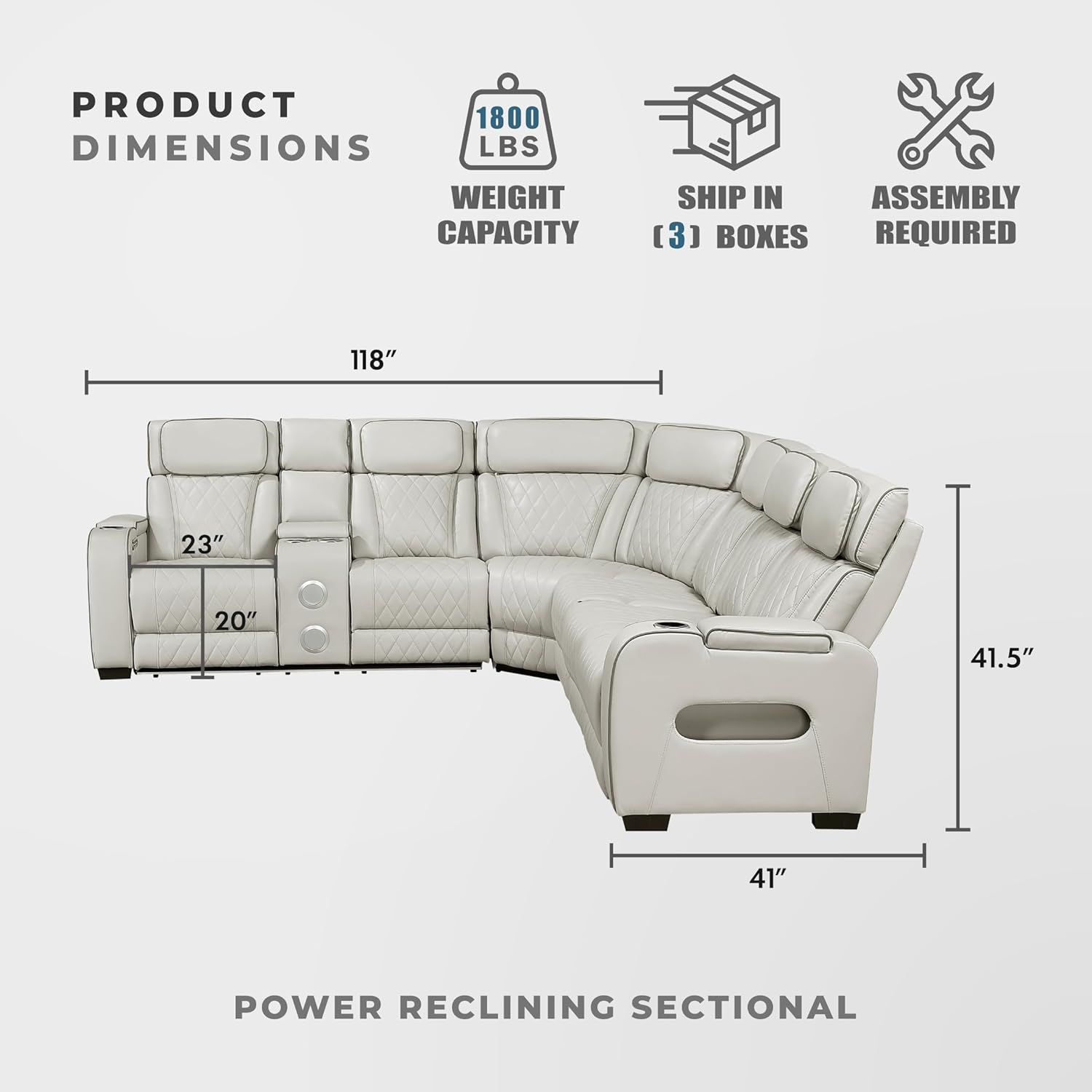 Lexicon 128" Power Reclining Sectional Sofa, Wall Hugger, 2 Storage Arms, Left Console Cup Holders, Power Headrests, Wireless Charger, Charging Ports, Speakers, LED Lighting, Faux Leather Taupe