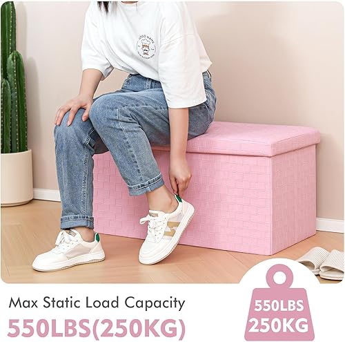Miniatura 5 de B FSOBEIIALEO Otomana plegable de almacenamiento, reposapiés de piel sintética, banco largo, caja de juguetes para niñas, color rosa, 30 x 15 x 15