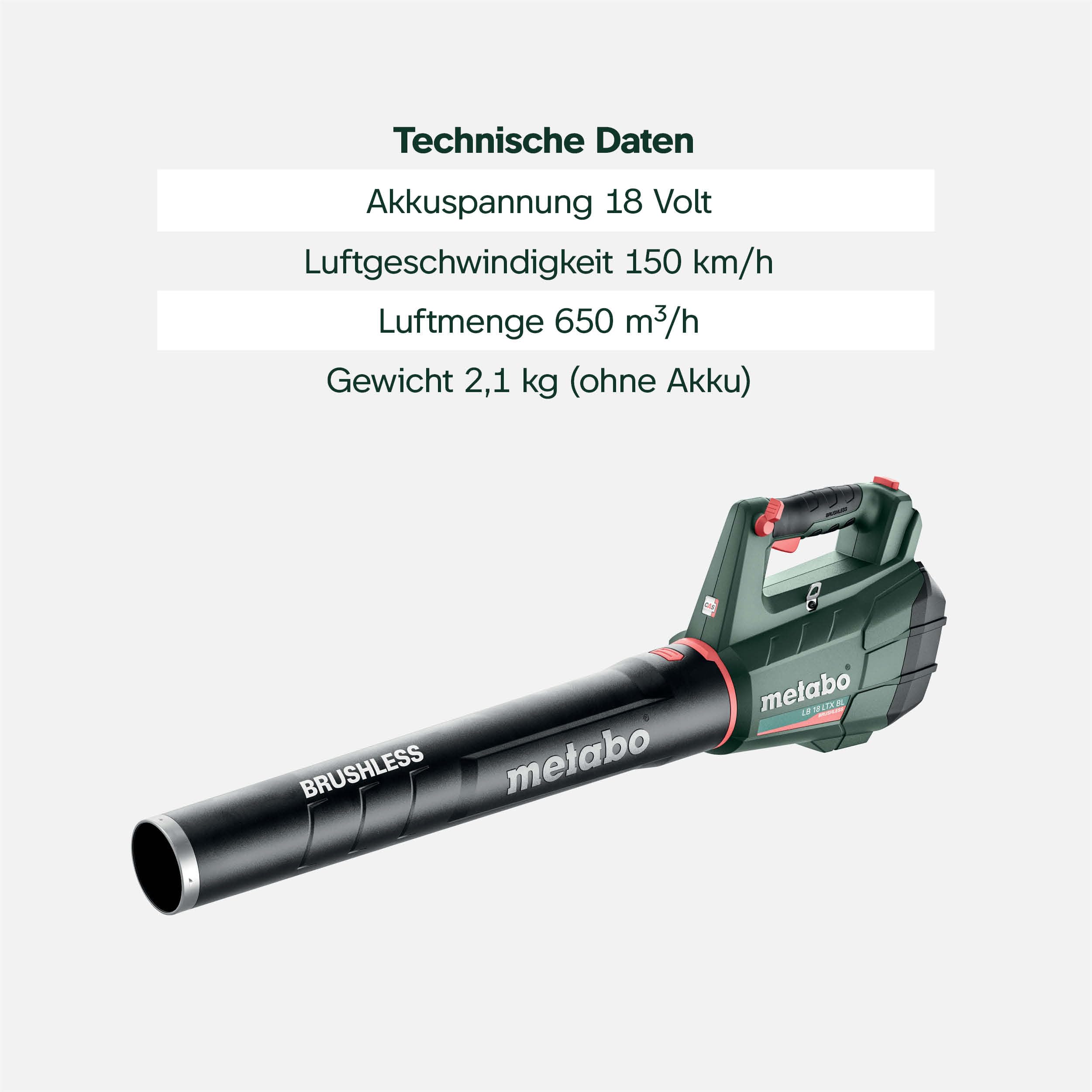 metabo Akku-Laubbläser LB 18 LTX BL, 18V Laubgebläse für Garten und | Leistungsstarkes Akku-Blasgerät mit Brushless-Motor, Schultergurt und Blasrohr, ohne Akku und Ladegerät für CAS Systeme