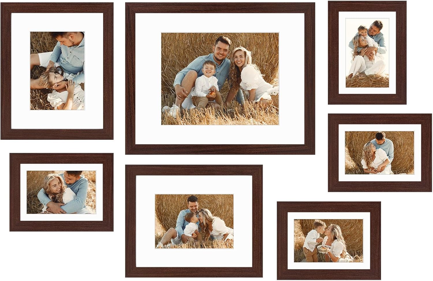 Golden State Art, Gallery Wall Frames, 11x14, 8x10, 5x7 Multiple Photo Frames Collage for Wall or Tabletop Displays with Mat or without Mat (Brown, 7 Pack)