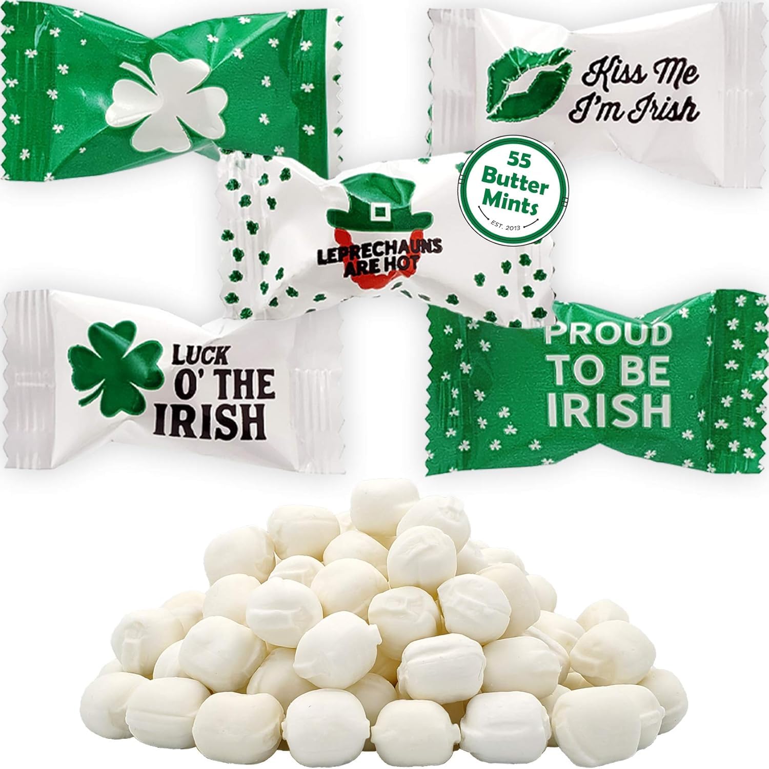 The Dreidel Company St. Patrick's Irish Buttermints, Mint Candies, After Dinner Mints, Butter Mint Candy, Green Leprauchan Design, Fat-Free, Individually Wrapped (275 Pieces)