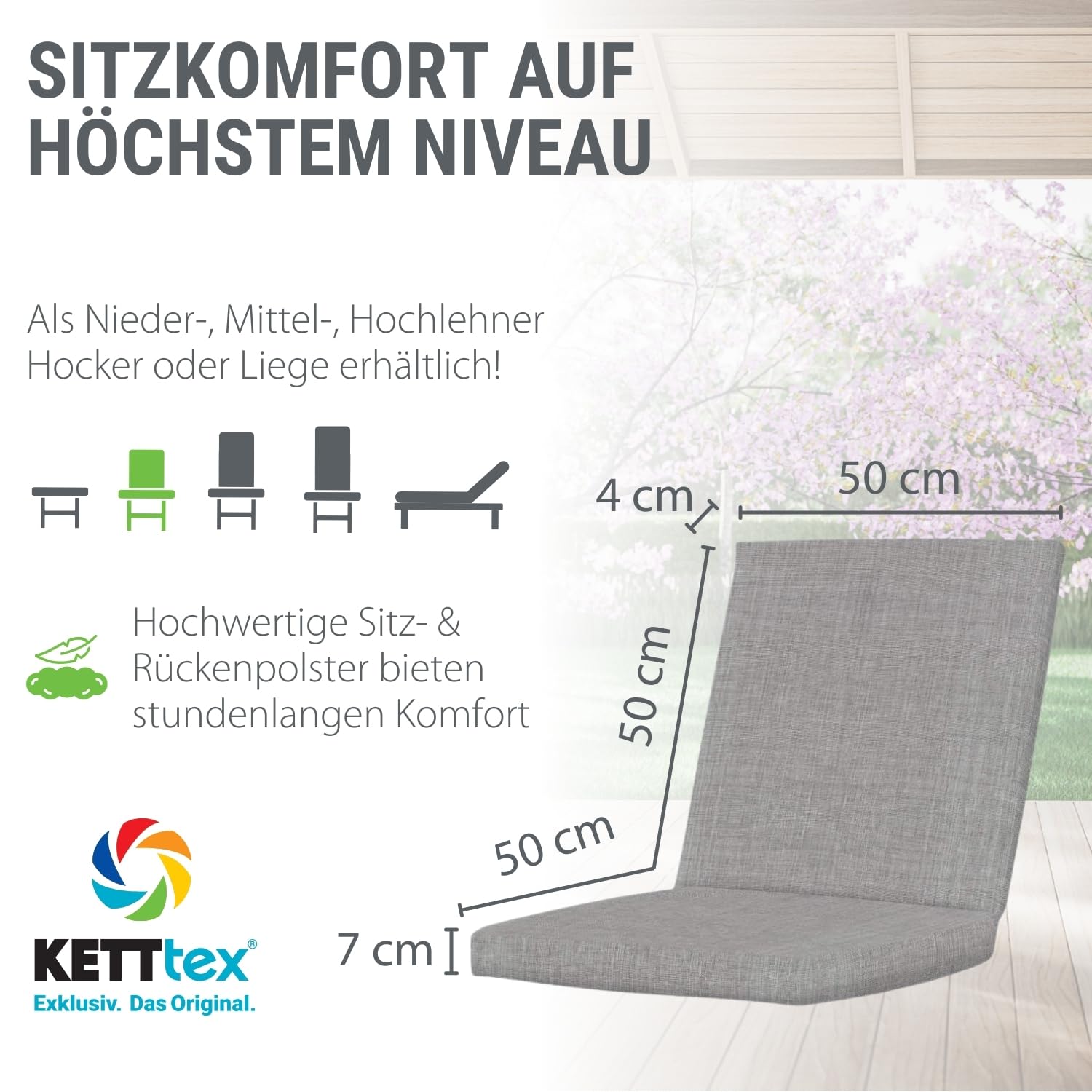 KETTtex Comfort Auflage Niederlehner Silbergrau I Gartenstuhl Polster 100x50x4/7cm I hochwertige und Pflegeleichte Sesselauflage I Wetter- und formbeständige Stuhlauflage I KTH2 Sitzauflage