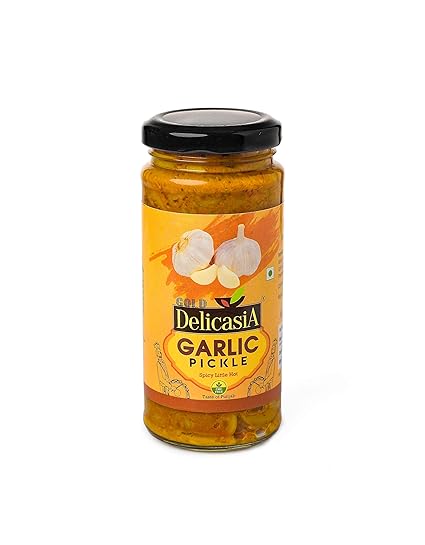 DELICASIA Gold Garlic Pickle 250 gm Brand of SR's. Indian Flavor. NO Artificial Color and Flavors. Gluten Free. 77 Years of Trust (Garlic Pickle)