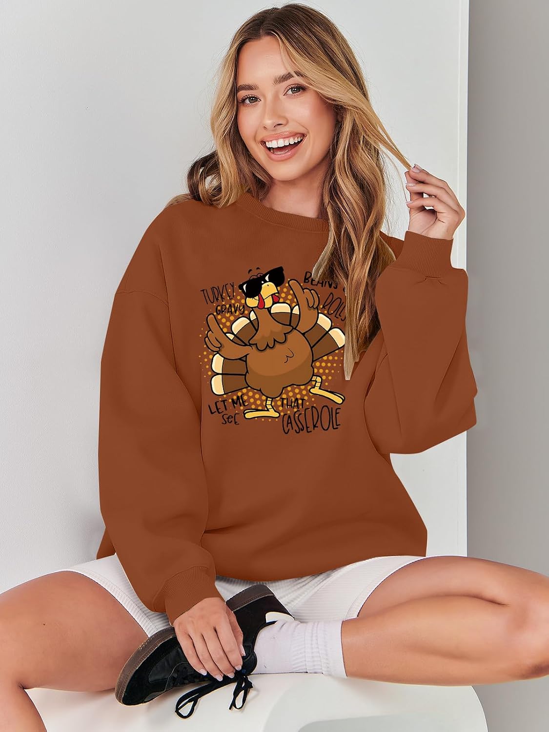 Thanksgiving Sweatshirts for Women Turkey Sweatshirt Turkey Gravy Beans and Rolls Shirt Gobble Long Sleeve Pullover Top