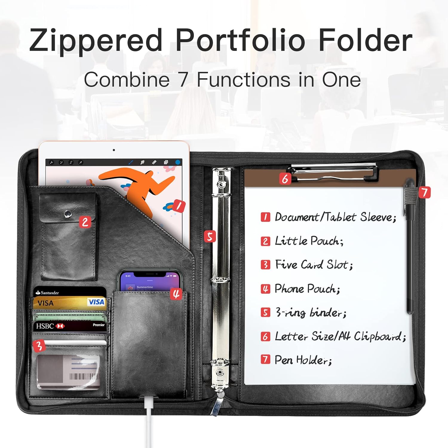 Zippered Portfolio Organizer, WRIYES Leather Padfolio with 3 Ring Binder, Professional Business Binder, Organizer for IPad/Document, Phone & Business Cards, Office Gifts for Men or Women (Black) - Image 2