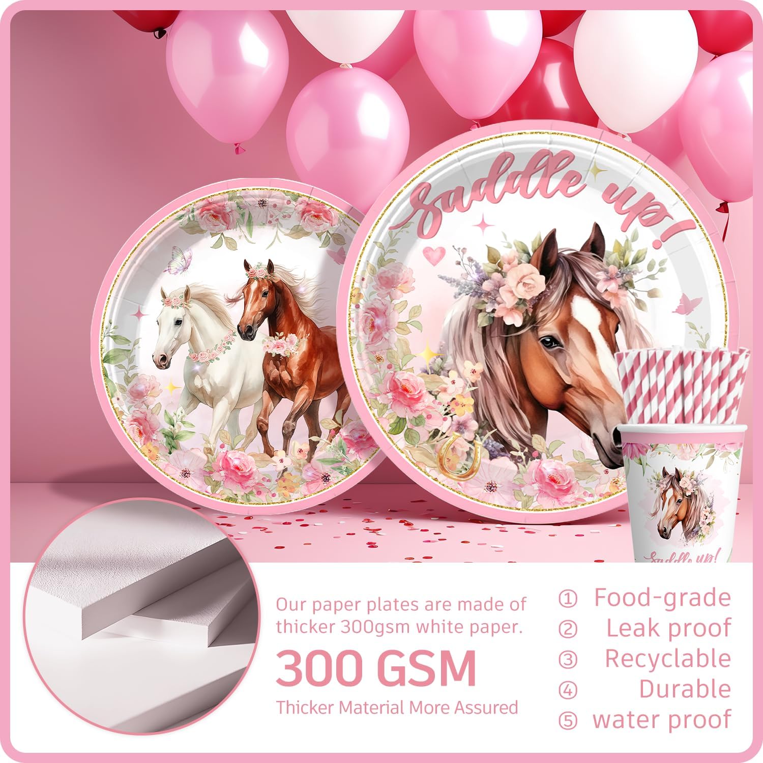 197 Pcs Cowgirl Birthday Party Decorations Tableware Set Serve 25, Horse Party Supplies Includes Plates, Napkins, Cups, Banner, Hanging Swirl, Tablecloth, Cake Topper, for Girl Birthday Decorations - Image 5