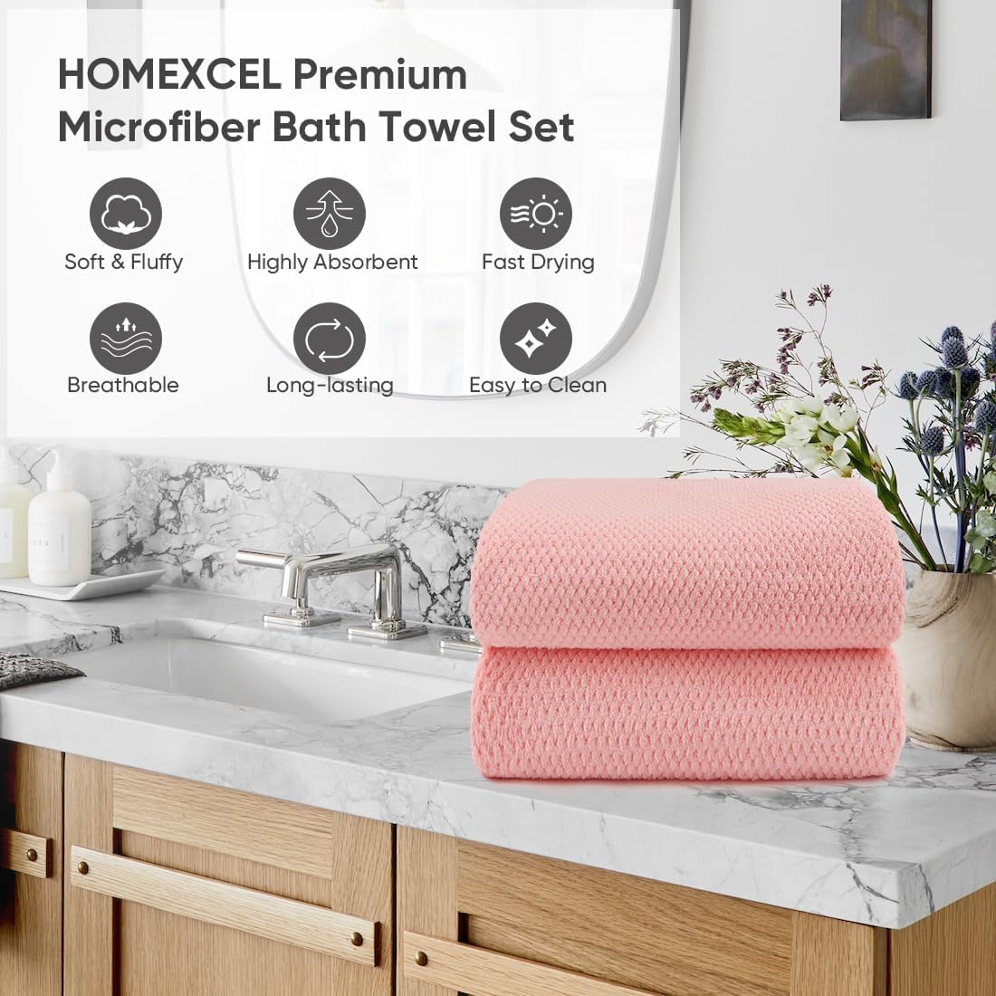 2-Pack Microfiber Bath Towels (27x54 Inches) - Ultra Soft & Quick Dry, 3X Absorbency, Lightweight for Gym, Yoga, Travel & Spa - Perfect for Home, Fitness & Post-Workout, Pink