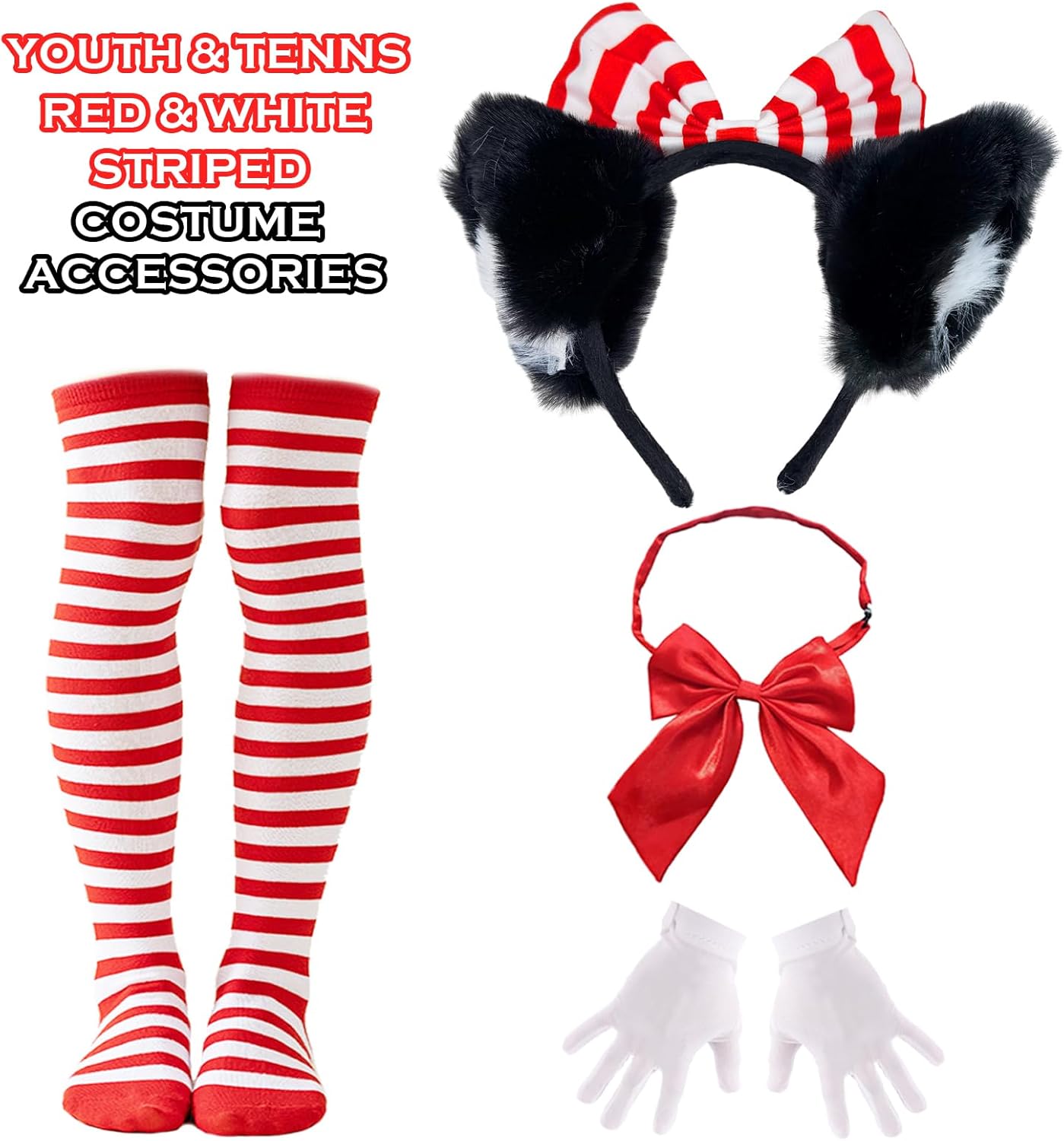 Girls Cute Cat Costume for Kids, 100th Day of School Red and White Cats Cosplay Outfit with Tutu Fluffy Cat Tails Bow Tie Set for Read Book Day Halloween Party Dress up - Image 5