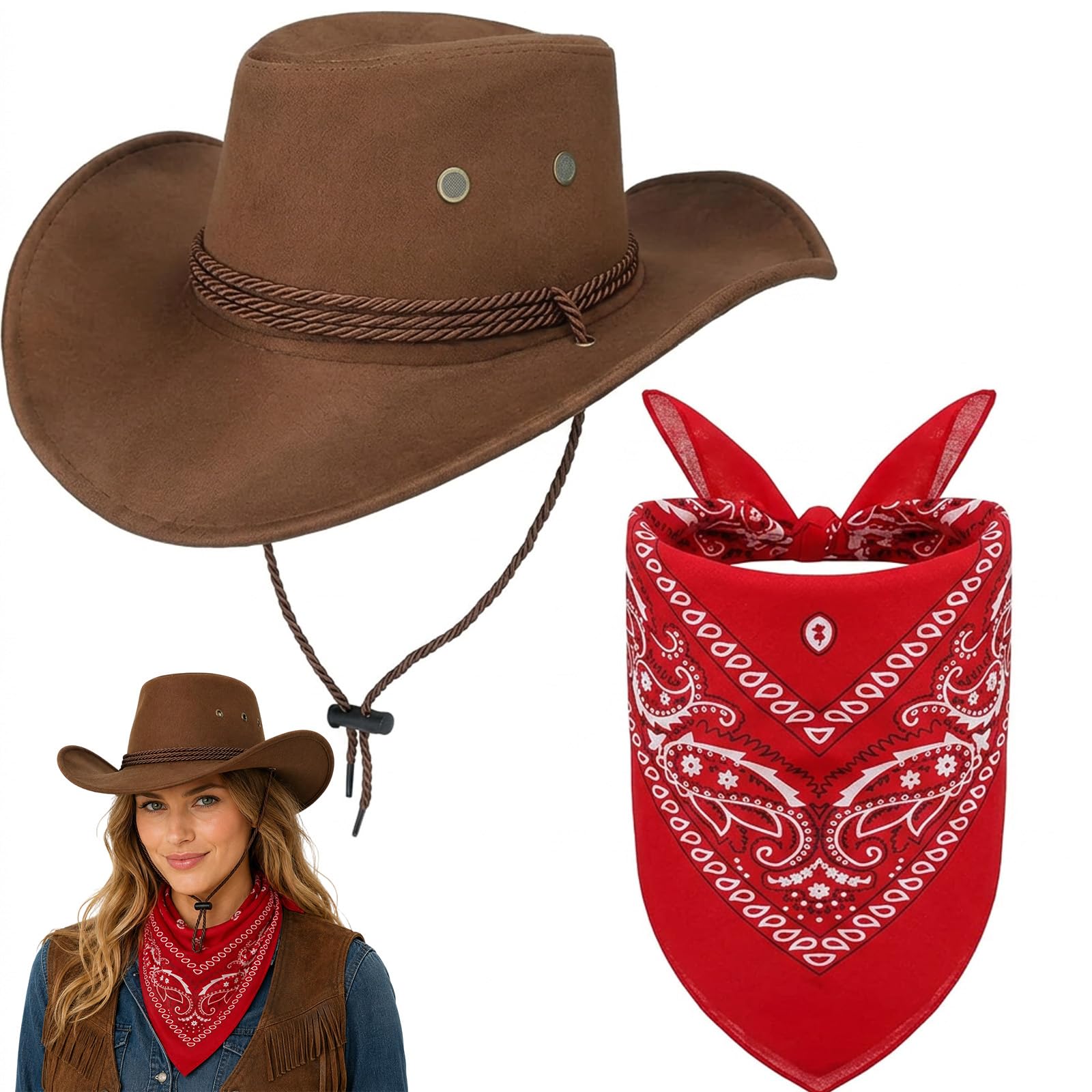 XcnPer Unisex Cowboy Hat & Red Bandana Set, Wide Brim Brown Cowboy Hat with Scarf, Western Cowboy Accessories for Festivals, Halloween, Rodeo, Cosplay, Cowboy Hats for Men and Women