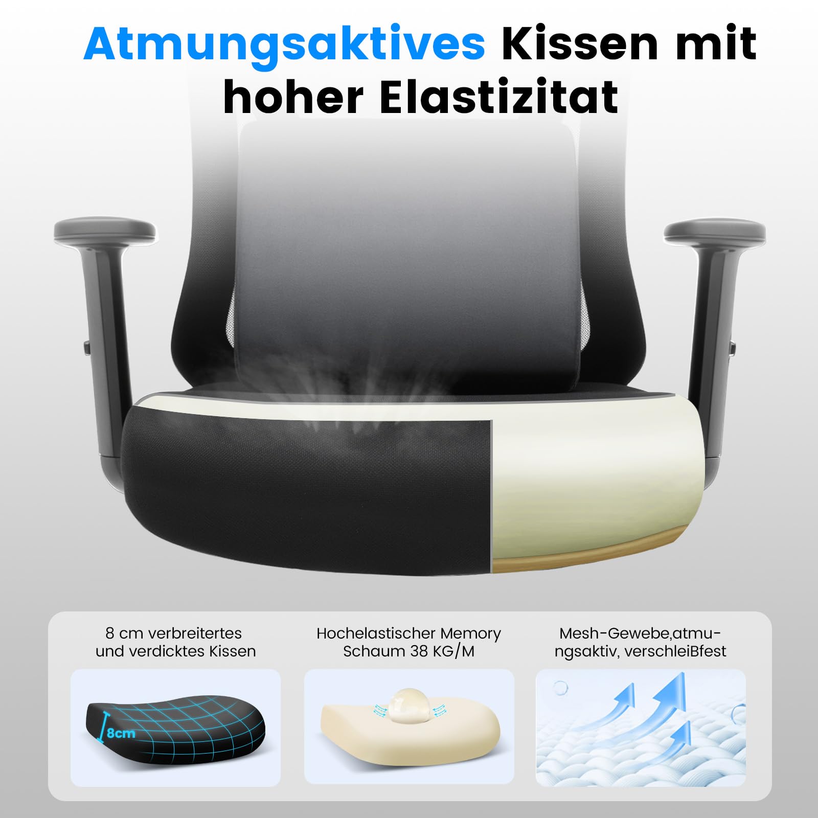 GTPLAYER Bürostuhl Ergonomisch [TESTSIEGER] Schreibtischstuhl, Drehstuhl hat Verstellbarer Lordosenstütze, Kopfstütze und Armlehne, Büro Stuhl & Gaming Stuhl mit separatem Lendenkissen, 150 kg